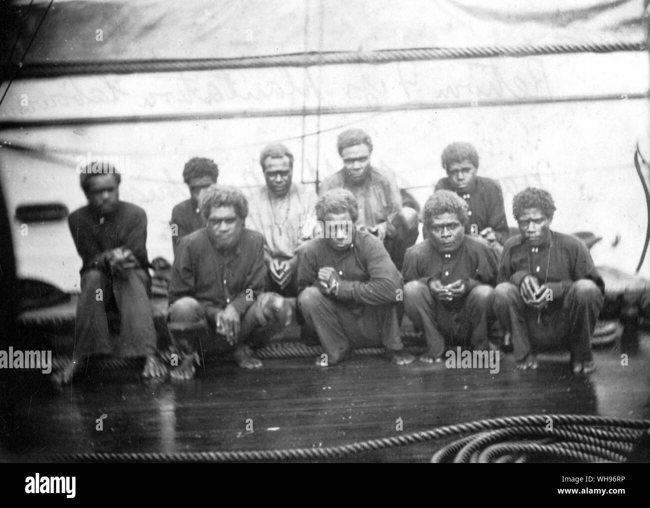 Cape York, Pacific island. The natives of Api, photographed on board before they disembarked.. Stock Photo