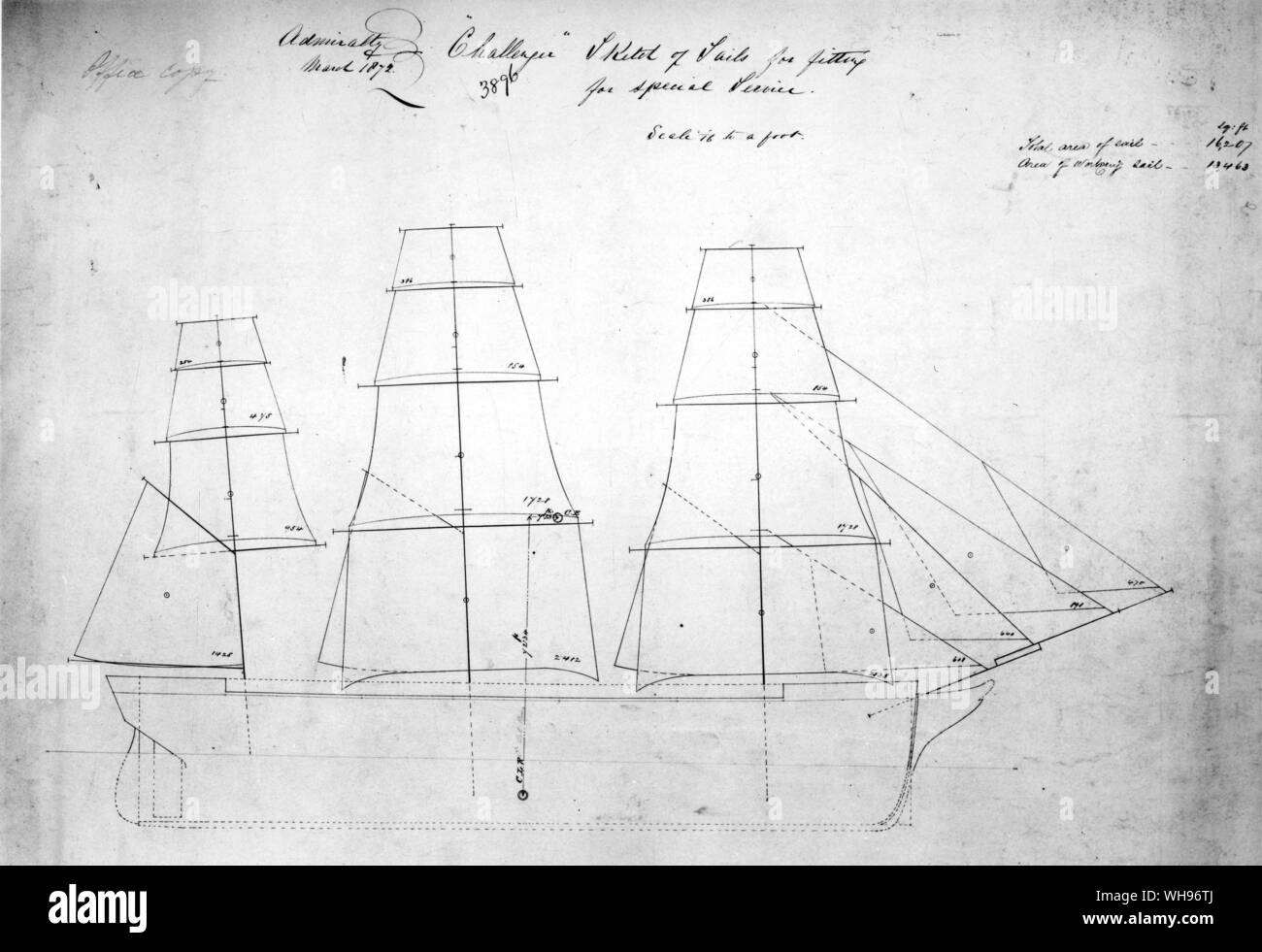 HMS Challenger: When she was fitted out for special service in 1872, she carried over 16,000 square feet of sails. On the original plan is a superimposed key. 1. fore-sail. 2. fore topsail. 3. fore topgallant. 4. fore royal. 5. main sail. 6. main topsail. 7. main topgallant. 8. main royal. 9. mizen topsail. 10. mizen gallant. 11. mizen royal. 12. flying job. 13. outer jib. 14. inner job. 15. fore topmast staysail. 16. main topmast staysail. 17. mizen staysail. 18. spanker. Not all the fore and aft sails are shown. Stock Photo