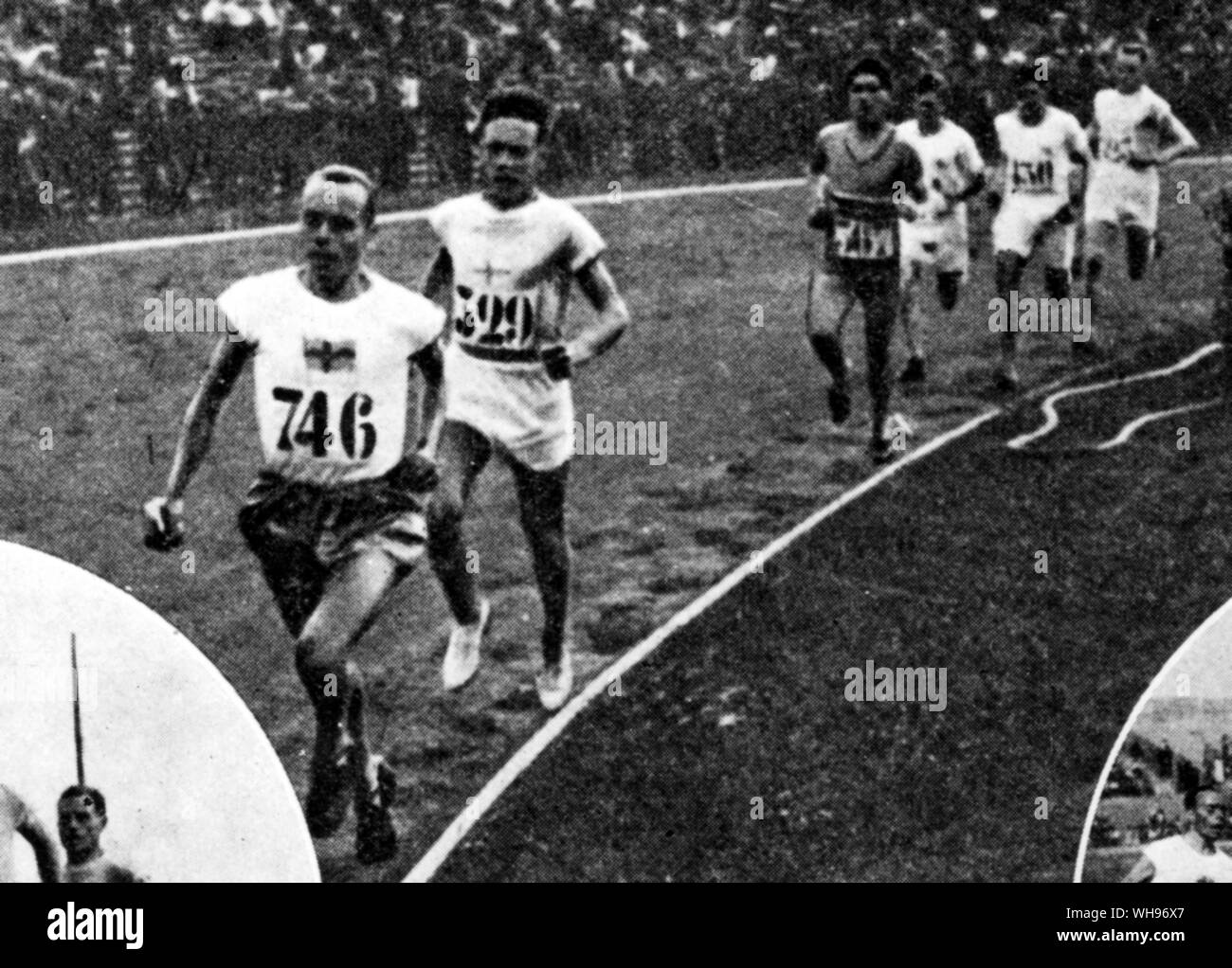 France, Paris Olympics, 1924: Men's 5000 metres final. Wide leads, followed by Ritola, Dolques, Saunders, Clibbon, Nurmi, Romig and Sappala.. Stock Photo