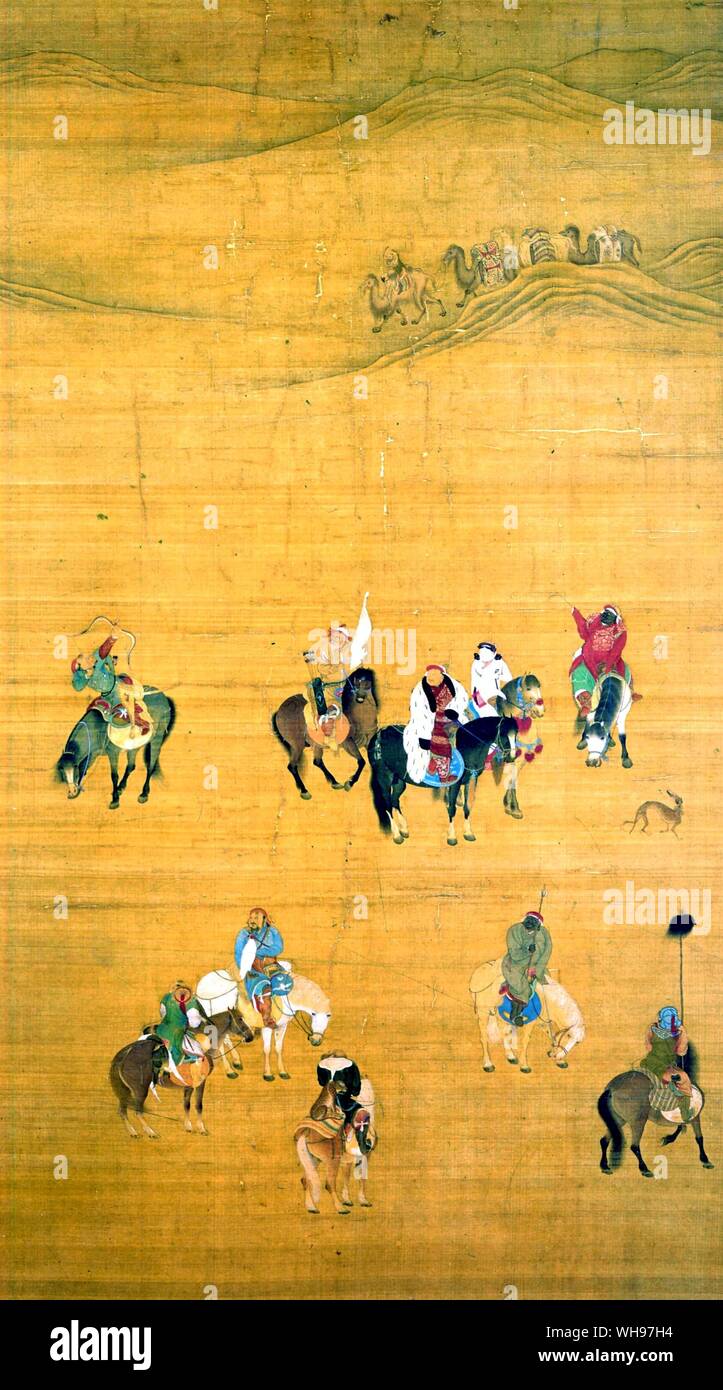 Kubilai Khan and a band of Mongol riders cross a desert region Stock Photo