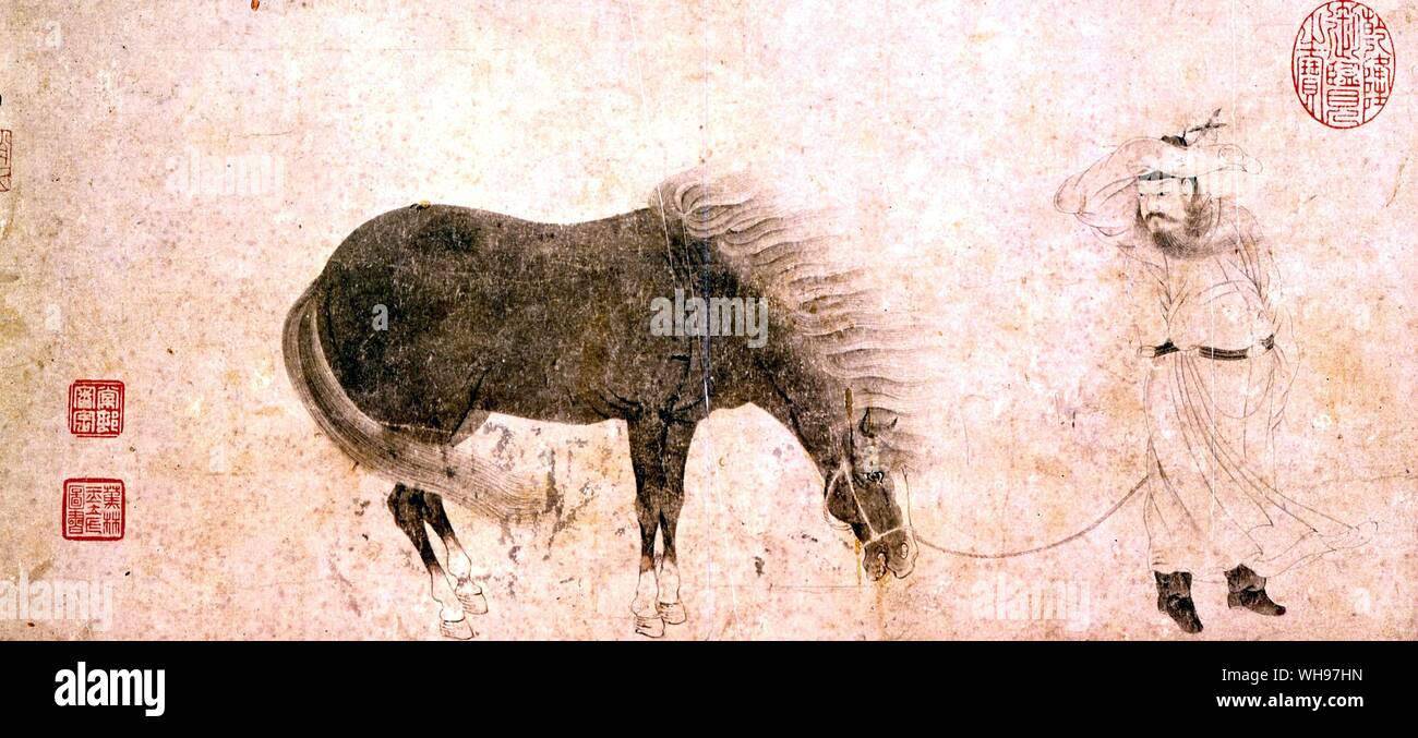 Horse and Groom braving the winter weather 1300 chinese graphic art Stock Photo