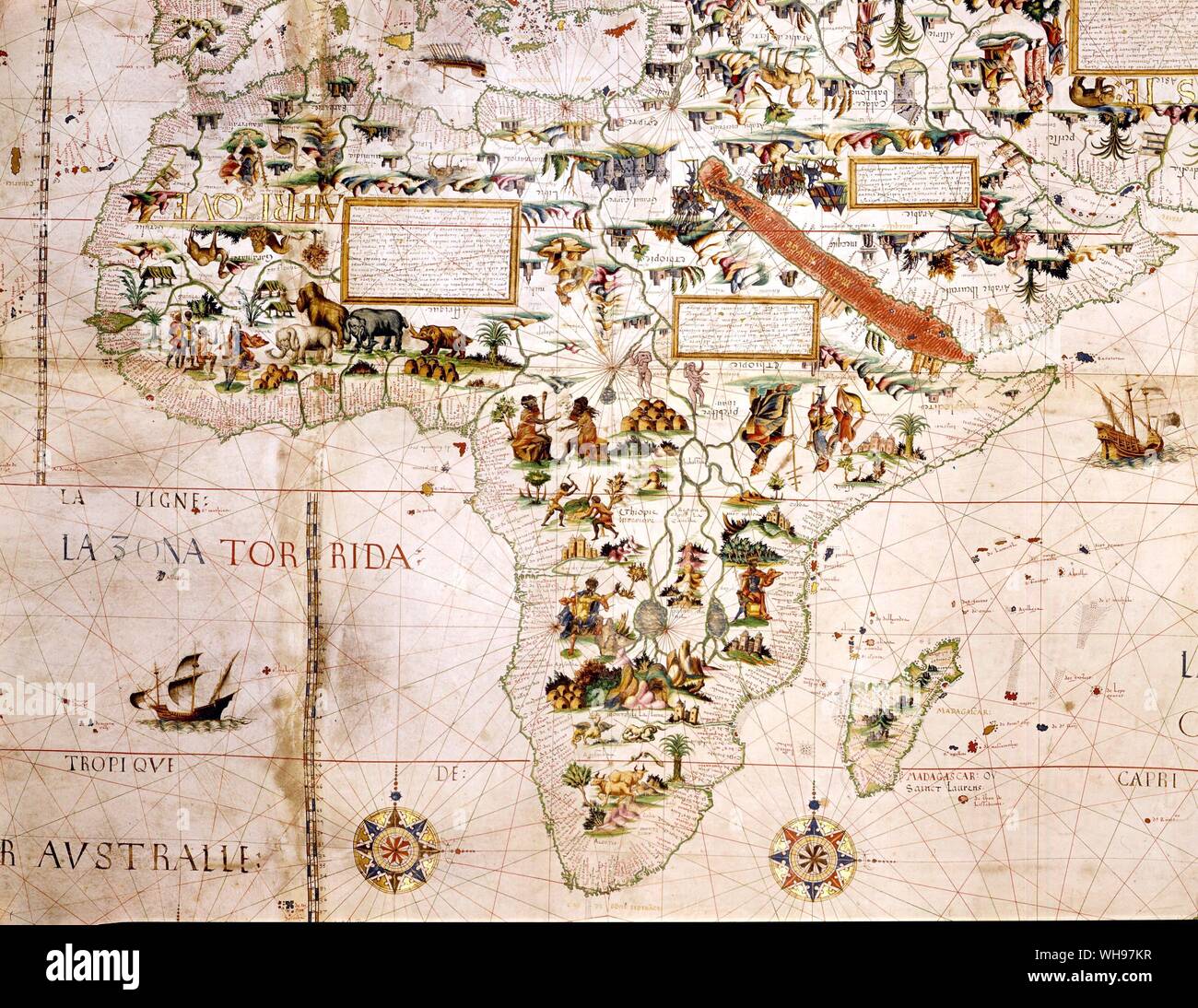 Sixteenth centry map of Africa. Details from Pierre Descelie's Mappemonde. Stock Photo