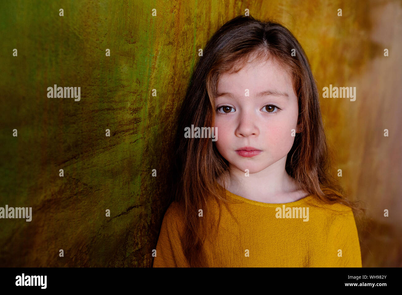 Portrait of little girl with long brown hair Stock Photo