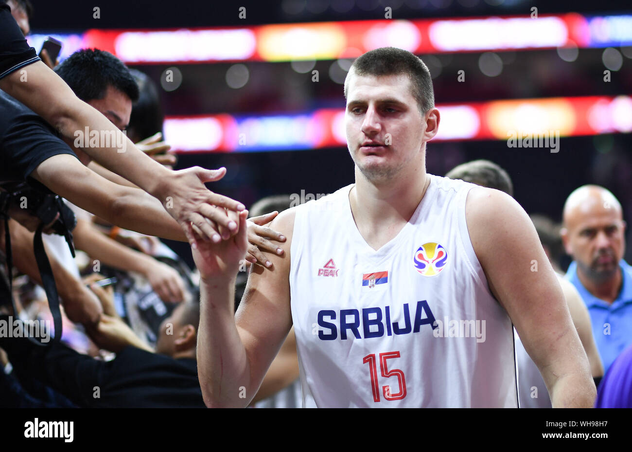 (190902) -- FOSHAN, Sept. 2, 2019 (Xinhua) -- Nikola Jokic of Serbia greet fans after the group D match between Serbia and the Philippines at the 2019 FIBA World Cup in Foshan, south China's Guangdong Province, Sept. 2, 2019. (Xinhua/Xue Yubin) Stock Photo