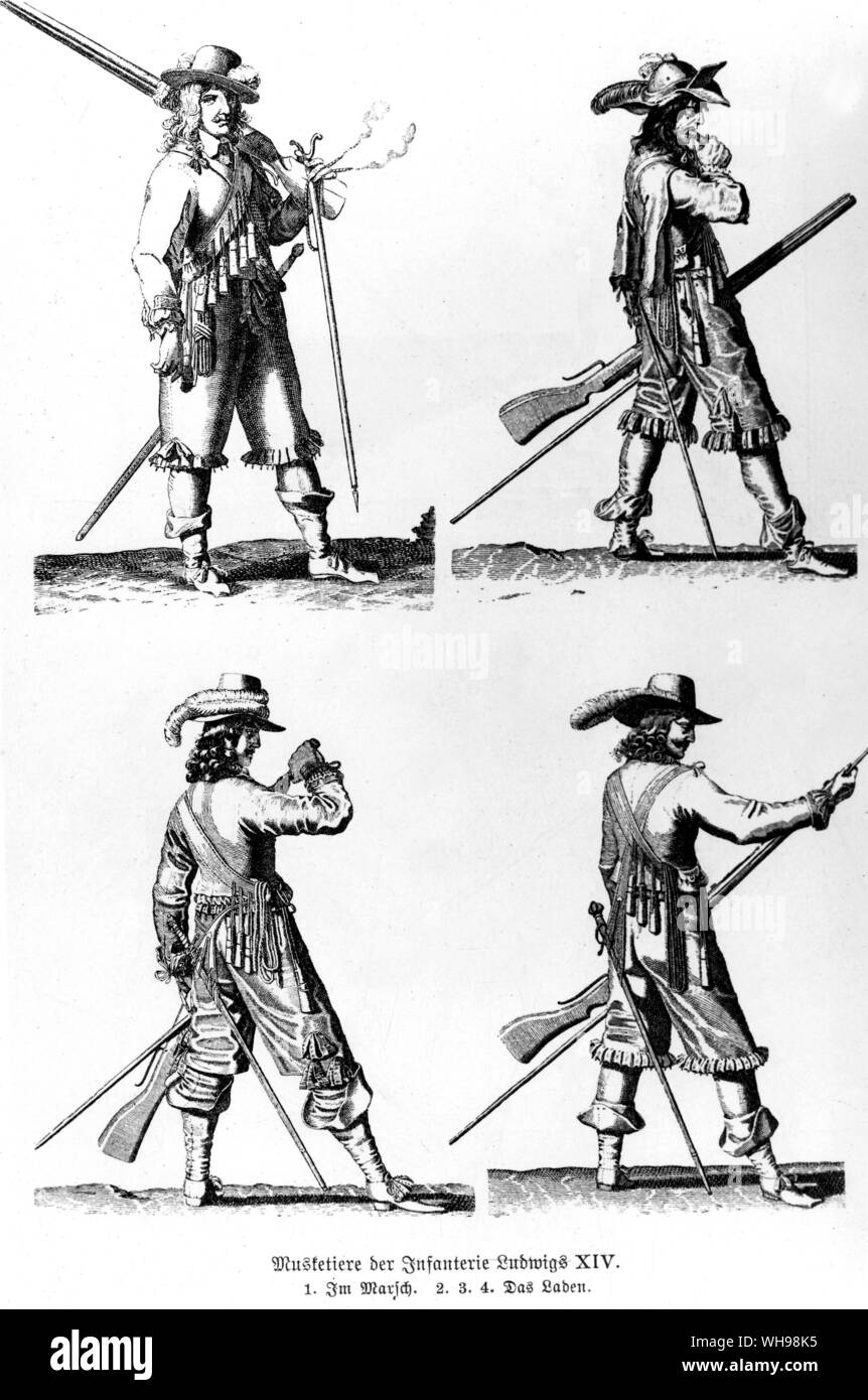 Warfare/ Musketeers of Ludwigs XIV infantry. 17th century. Stock Photo