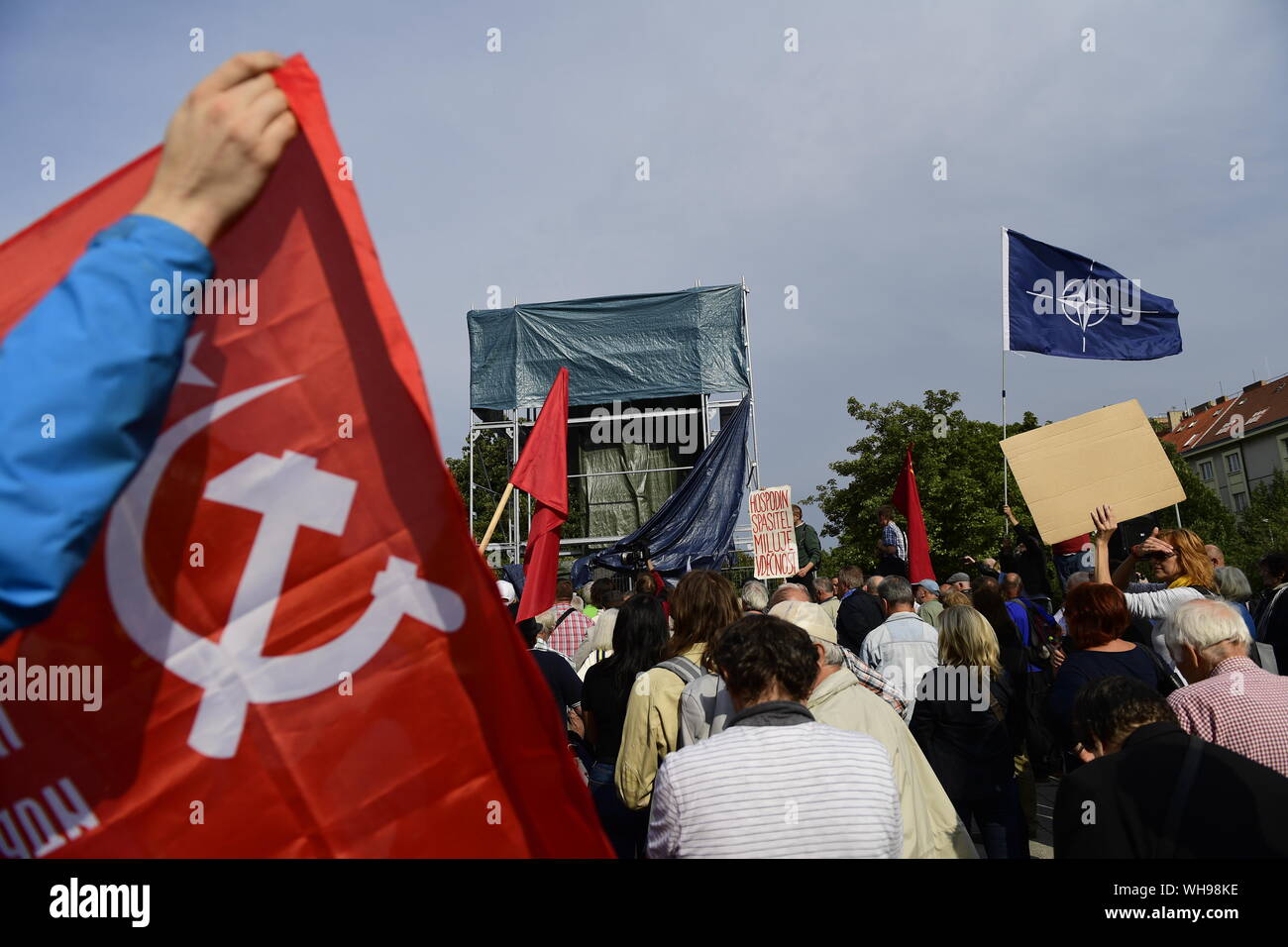 Meeting in protest against veiling of Marshal Ivan Konev statue based on local town hall's decision took place at Interbrigady square in Prague, Czech Republic, on September 2, 2019. (CTK Photo/Roman Vondrous) Stock Photo