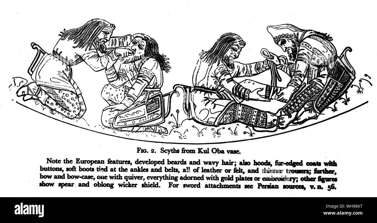 Ancient Warfare: Scythian tribesmen in the Crimea (from the Kul-Oba vase, c.4th century) Stock Photo