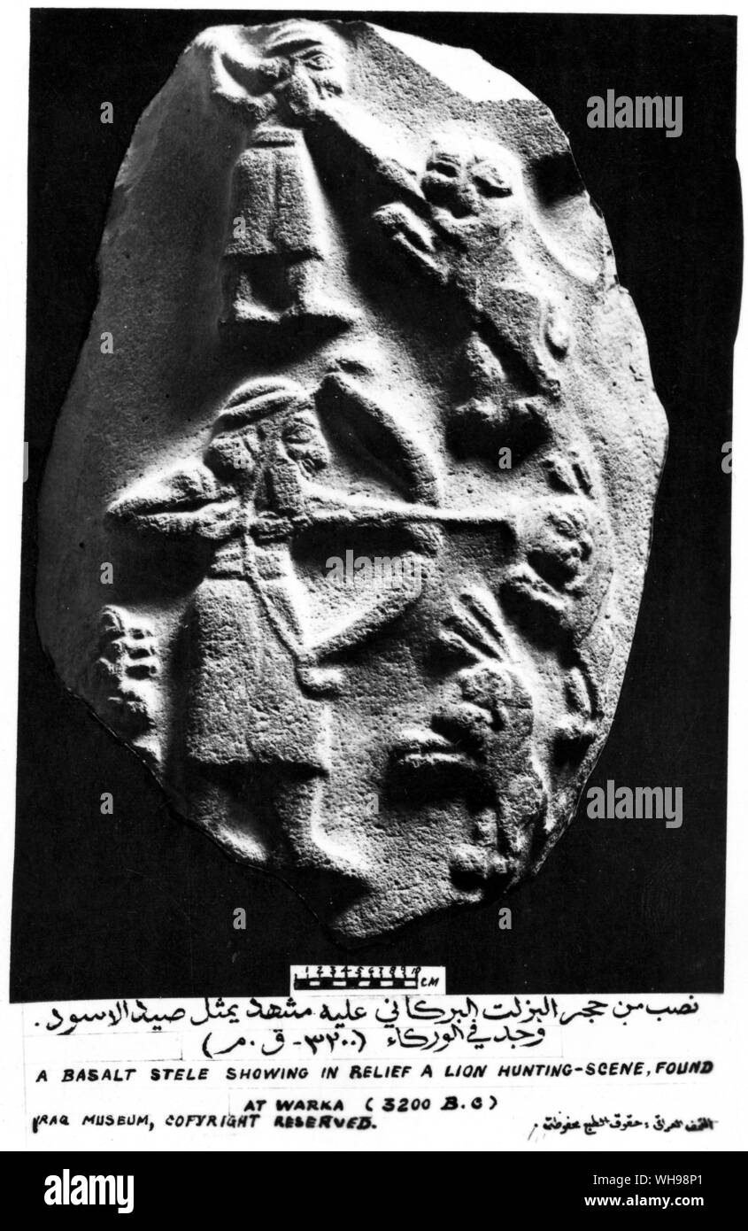 Eastern warfare/ Granite showing in relief a lion hunting scene, found at Warka. c.3200 B.C. Stock Photo