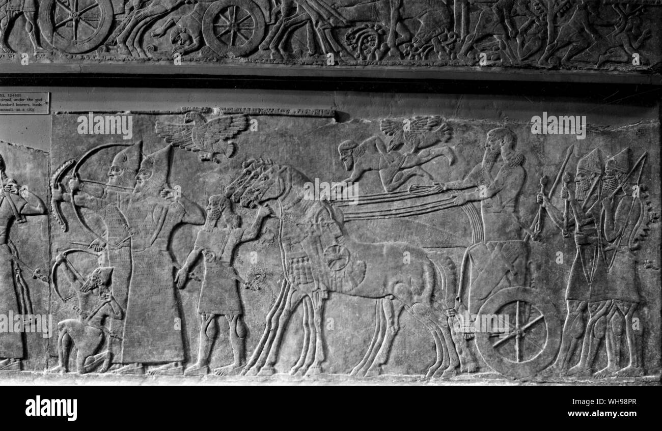 Warfare/ Relief of King Ashurnasirpal leading a chariot charge against the city. Nimrud relief from the palace. 884-859 B.C. Stock Photo