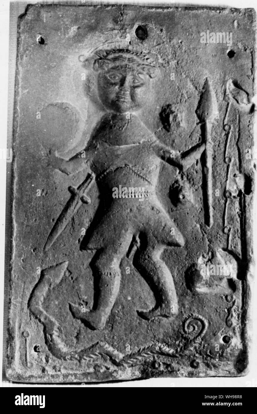Ancient warfare: Terra-Cotta plaque from Gresin showing a barbarian.. Stock Photo