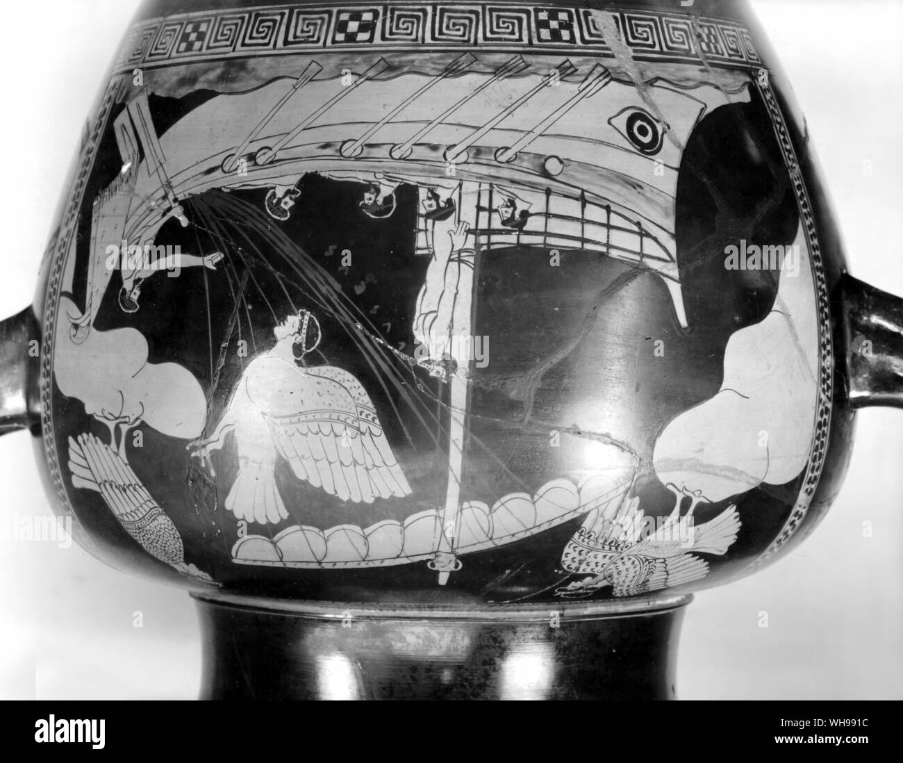 Ancient Warfare: The battle of Salamis depicted on a vase. The bows of the ships were specially strengthened to ram enemy ships.. Stock Photo