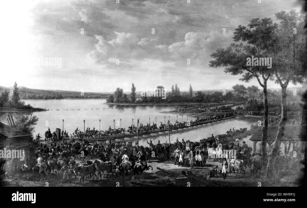 European warfare/early 19th century: During 1809, the Napoleonic armies consolidated their conquest if central Europe. They cross the Danube by an improvised bridge before Wagram. Stock Photo