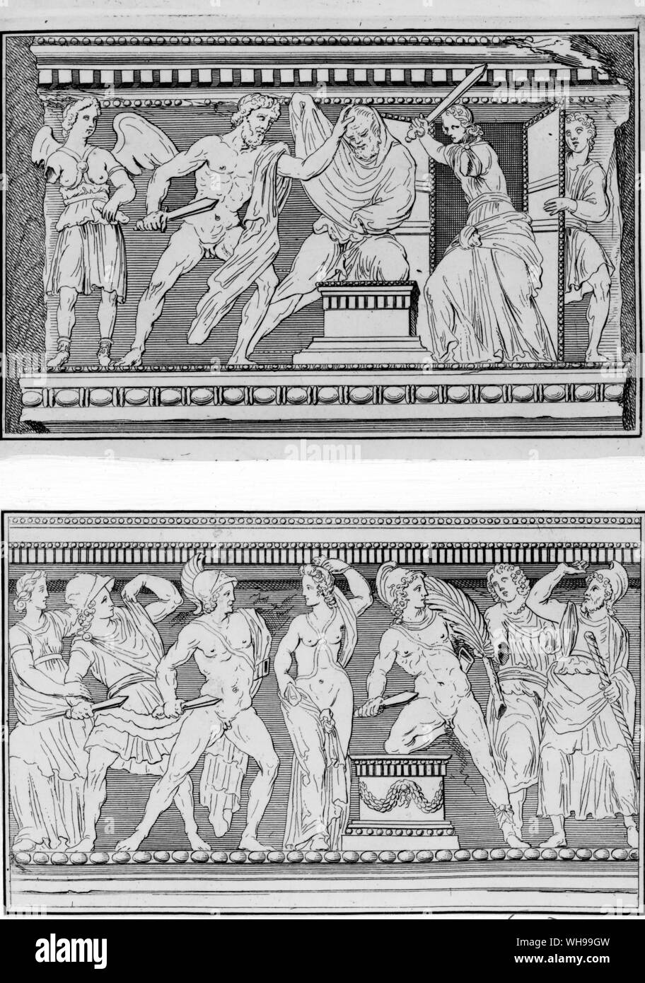 Illustration from Dempster's De Etruria showing episodes from greek mythology carved on the sides of a marble sarcophagus Stock Photo