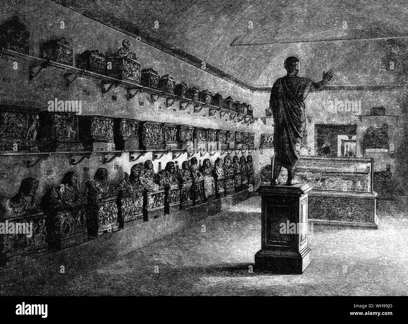 19 century drawing of the Etruscan Museum at Florence  shows the bronze staute The Orator seen from back Stock Photo