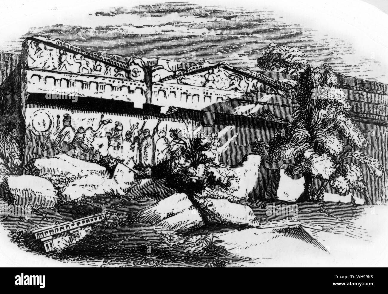 The temple tombs of Nurchia as drawn by George Dennis 1843 About a hundred tombs wre sculpted in the cliff face of the valley Stock Photo