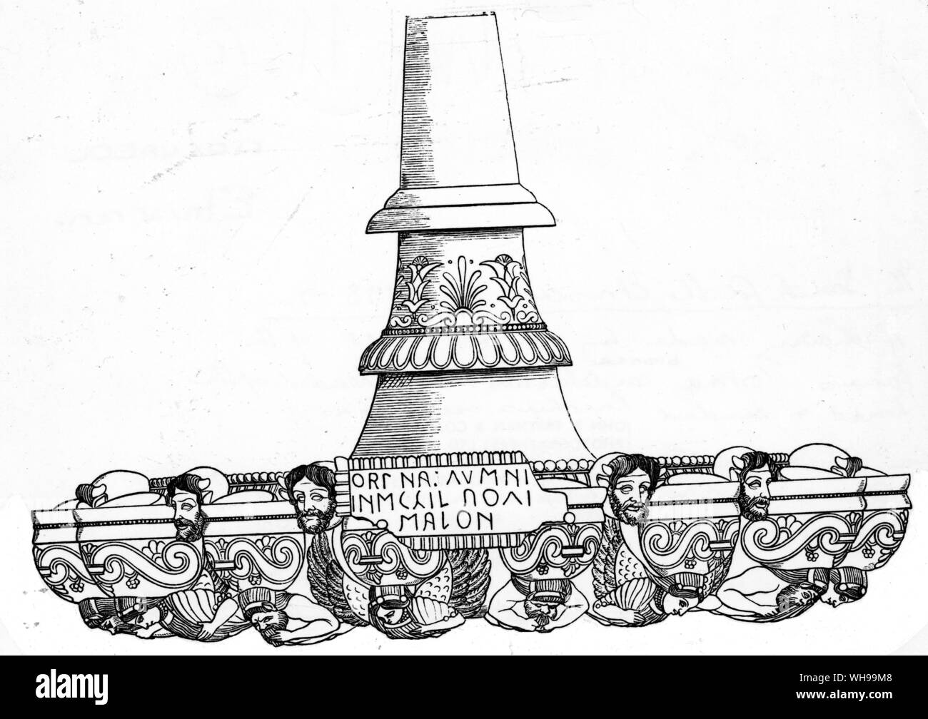 A drawing made by George Dennis of the famous Cortona Candelabrum. the heads of the horned and bearded Bacchus are shown Stock Photo