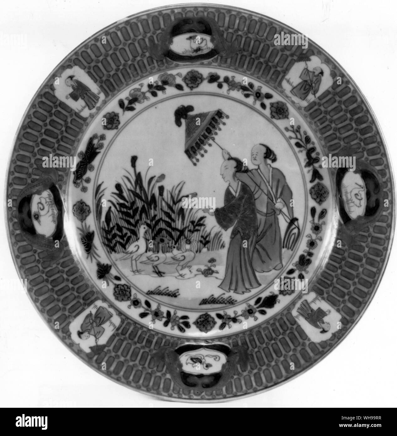 Chinese dish decorated with the design by Cornelis Pronck sent to China after 1734 Stock Photo