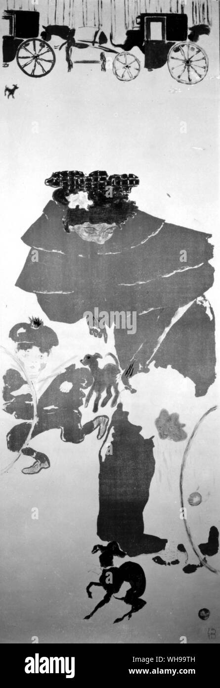 One part of lithographic four-leaf screen by Bonnard, a brilliant composition in the Japanese manner - nursemaids and hansom cabs, Stock Photo