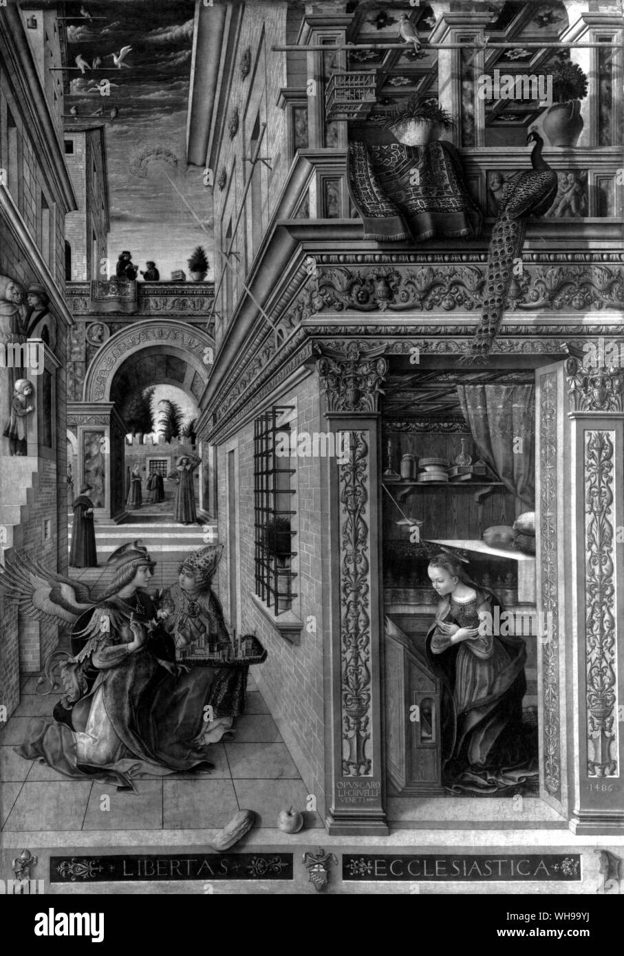The Annunciation by Carlo Crivelli (active 1457-1493).  The Anatolian carpet (so-called Holbein type) on the balcony is a symbol of luxury. Stock Photo