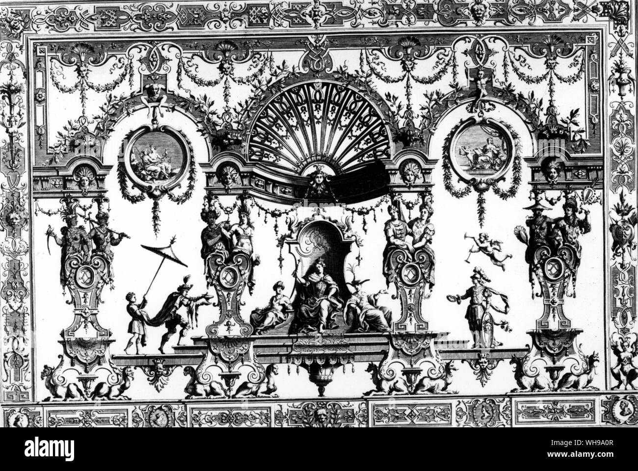 Grotesque panel designed by Berain with chinoiserie elements appearing in a somewhat subdued form: see the figure under the parasol and the caryatids on the extreme right and left. Stock Photo