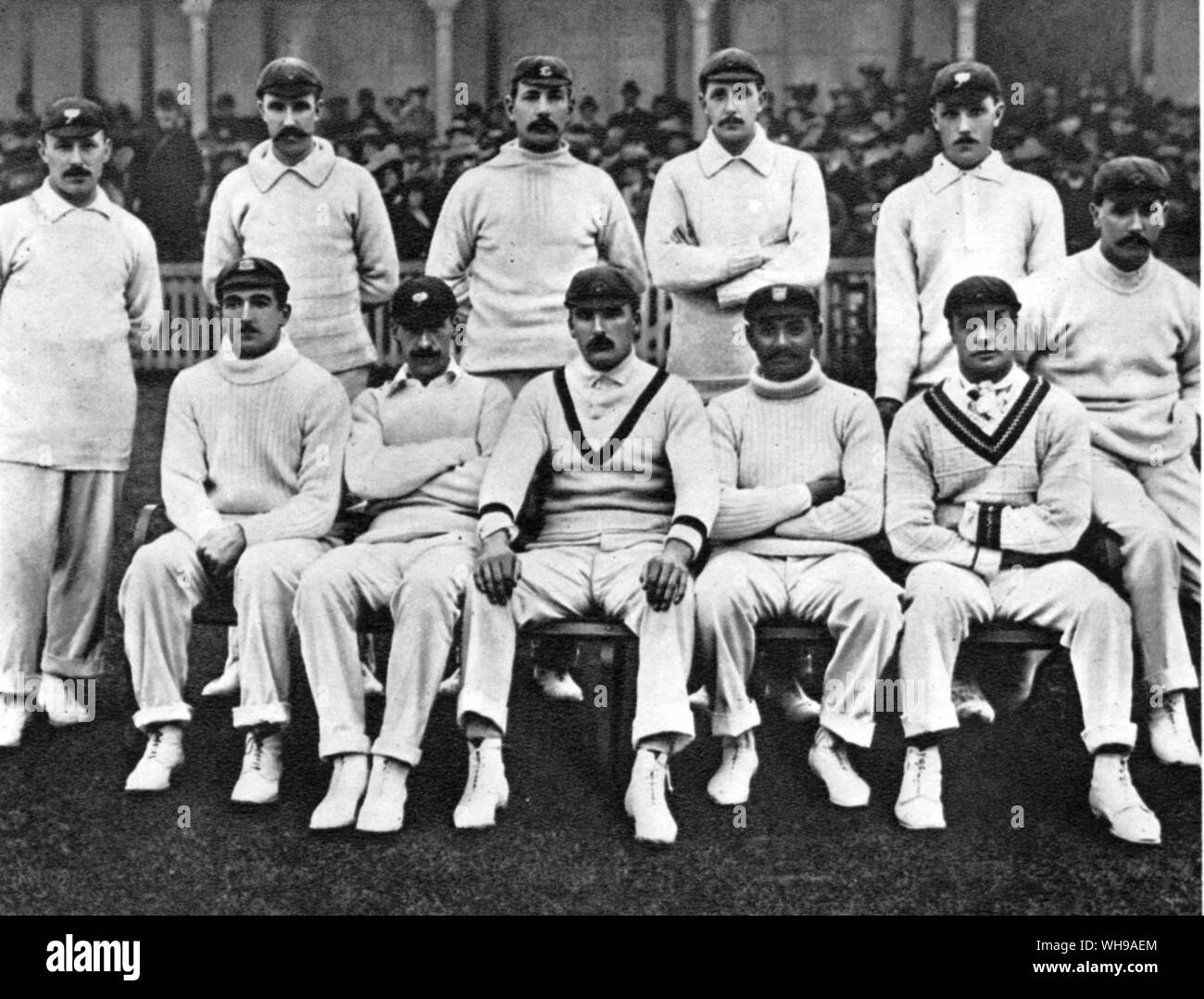 The England Team at Birmingham 1902 back row G H Hirst. A A Lilley. W H Lockwood. L C Braund. W R Rhodes. J T Tyldesley. front row C B Fry. F S Jackson. A C MacLaren. K S Ranjitsinhiji and G L Jessop Stock Photo