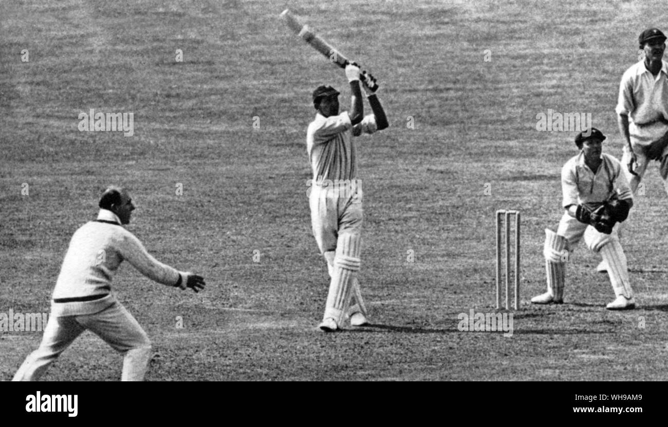 K S Duleepsinhji batting in the third test match agianst Australia at Leeds in 1930. Notice the cross legged stance also characteristic of Ranjitsinhji Stock Photo
