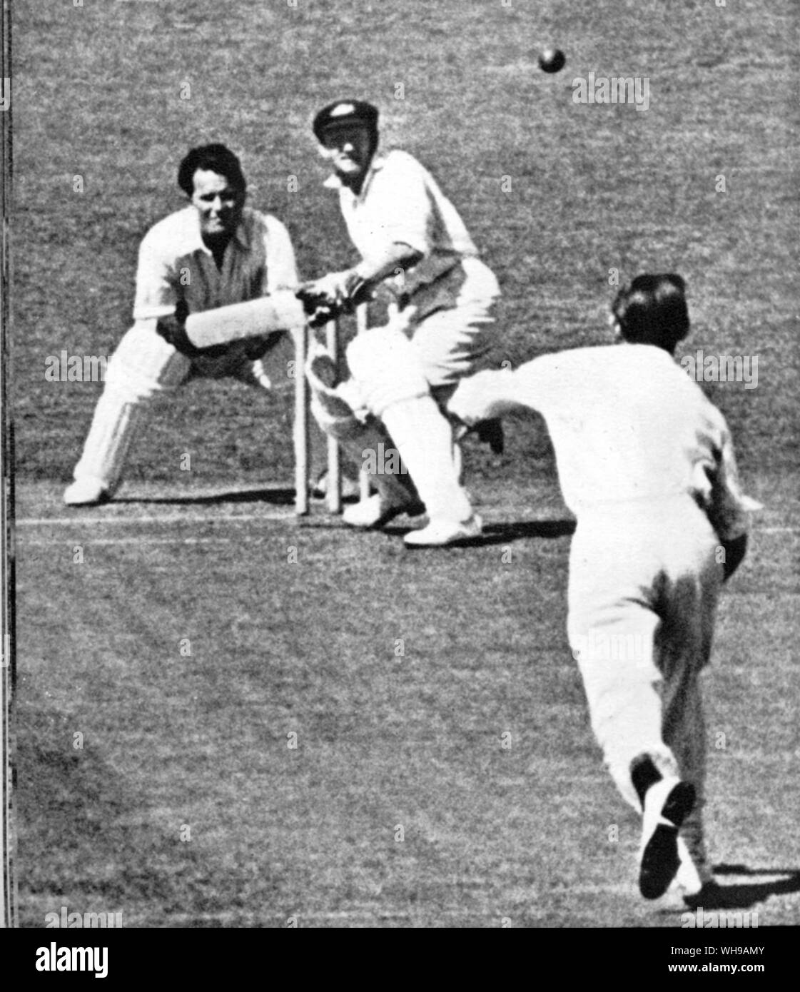 Sir Don G Bradman batting against Essex at Southend in 1948. Peter Smith is the bowler and F Rist is keeping wicket Stock Photo