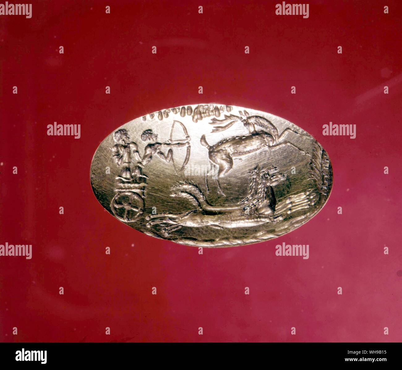 Gold Signet with Deer Hunt  from Upper Grave Circle Athens  16 century BC Stock Photo