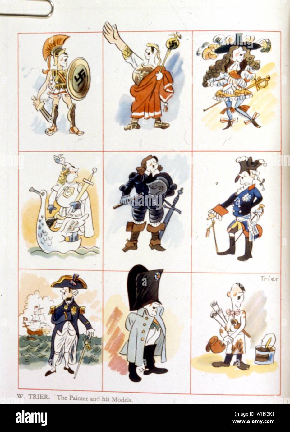 Cartoon illustrations of people from history by W Trier. Including Julius Caesar, Nelson, Hitler, Napoleon, Boadicea. Stock Photo