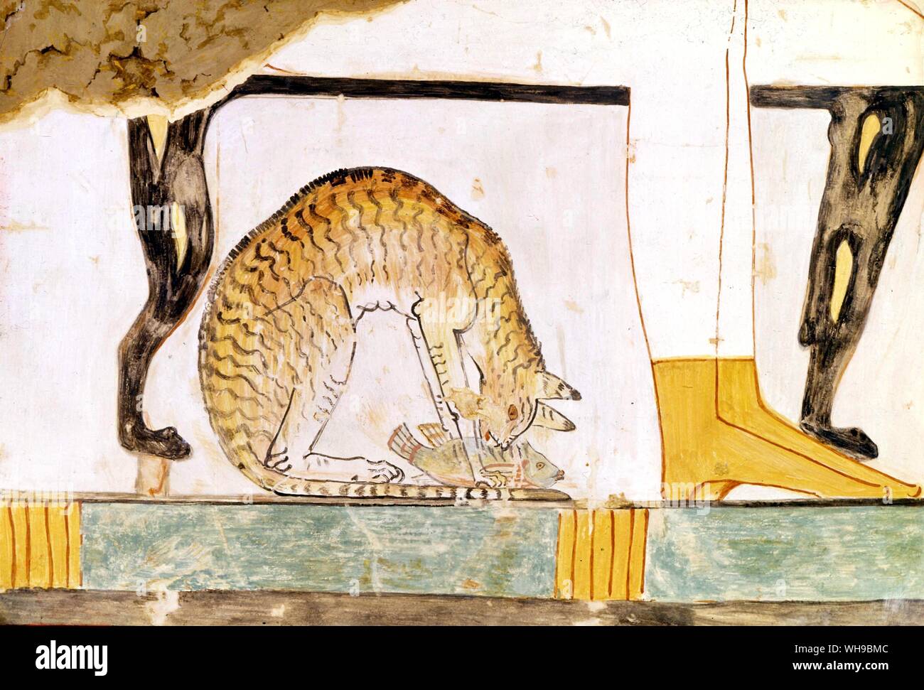 Egyptian Tomb Painting of cat under chair Stock Photo