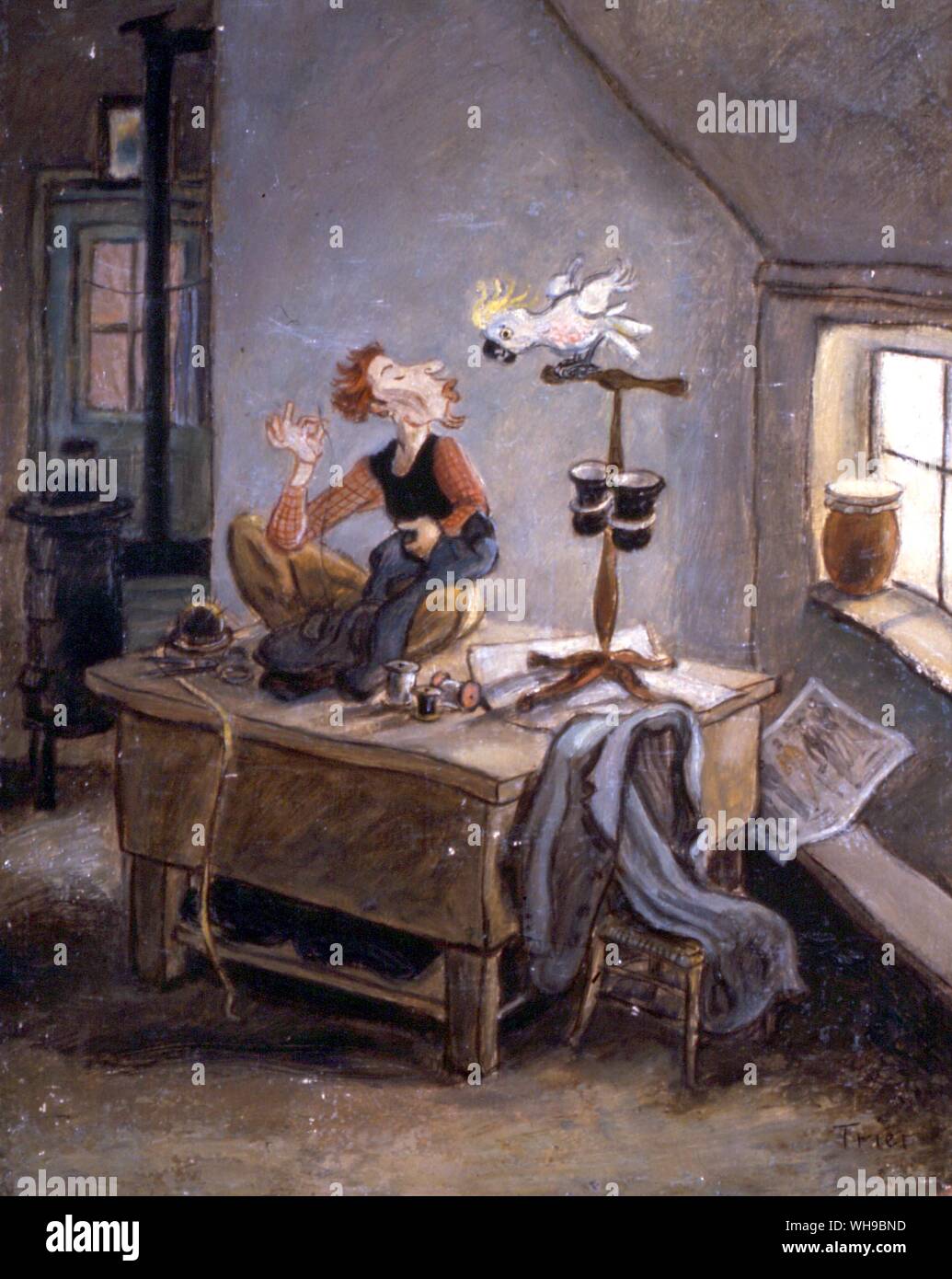 Book illustration of a taylor sewing atop his work bench. Stock Photo