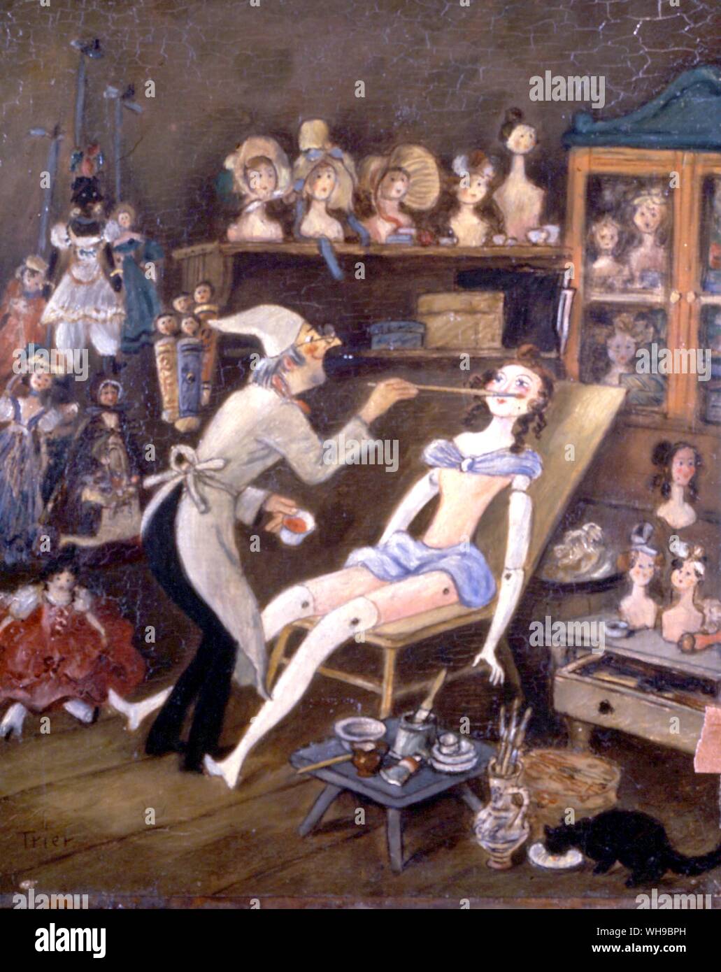 Book illustration showing a carpenter painting his life-size toy girl puppet. Stock Photo