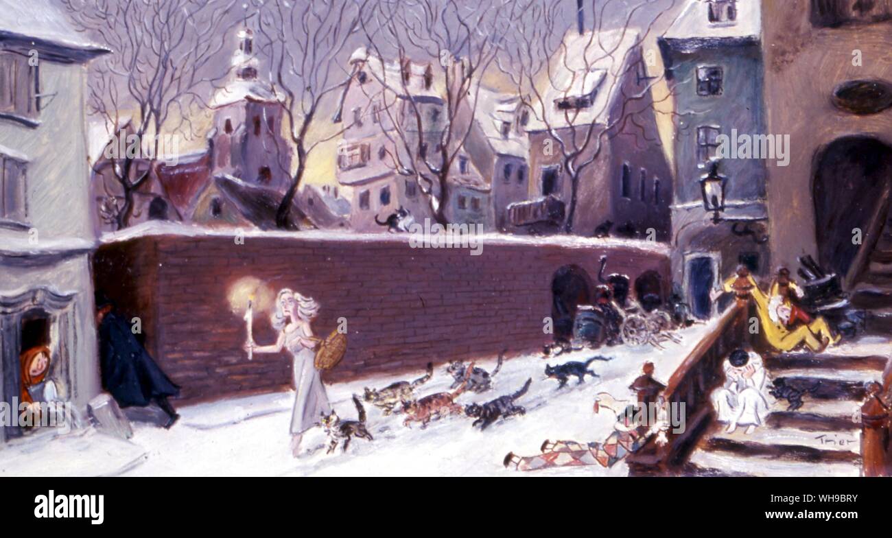 Book illustration. Possible pre- world war 2. Girl with a torch leads cats through streets. Stock Photo
