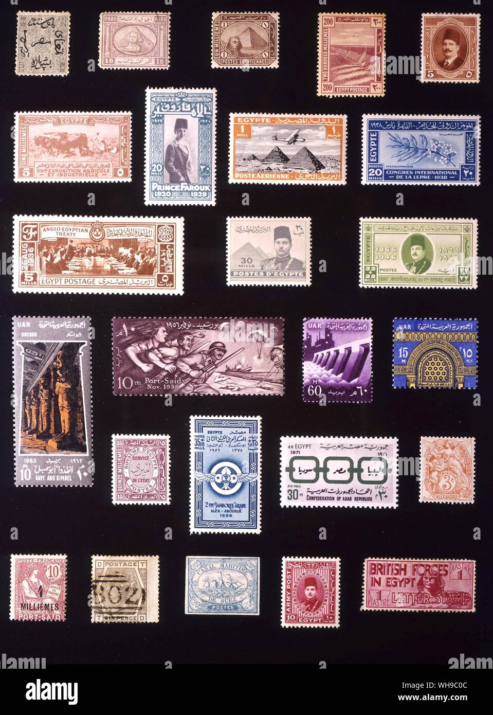 AFRICA - EGYPT: (left to right) 1. 5 paras, 1866, 2. 10 paras, 1867, 3. 1 millieme, 1888, 4. 200 milliemes, 1914, 5. 5 milliemes, 1923, 6. 5 milliemes, 1926, 7. 20 milliemes, 1929, 8. 1 millieme, 1933, 9. 20 milliemes, 1938, 10. 5 milliemes, 1936, 11. 30 milliemes, 1939, 12. 22 + 22 milliemes, 1946, 13. 10 milliemes, 1963, 14. 10 milliemes, 1956, 15. 60 milliemes, 1960, 16. 15 milliemes, 1964, 17. 15 milliemes, 1934, 18. 35 + 15 milliemes, 1956, 19. Egyptian Arab Republic, 30 milliemes, 1971, 20. French post Office in Alexandria, 3 centimes, 1902, 21. French Post Office in port Said, 4 Stock Photo