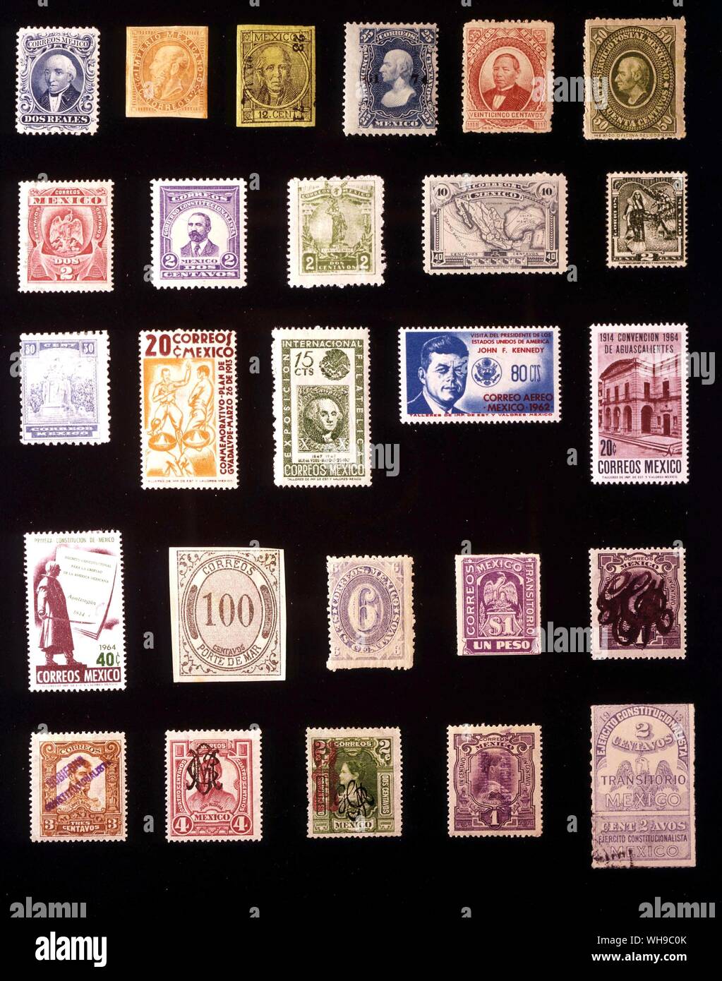 AMERICA - MEXICO: (left to right) 1. 2 reales, 1864, 2. 25 centavos, 1866, 3. 12 centavos, 1968, 4. 25 centavos, 1874, 5. 25 centavos, 1879, 6. 50 centavos, 1884, 7. 2 centavos, 1899, 8. 2 centavos, 1914, 9. 2 centavos, 1915, 10. 40 centavos, 1915, 11. 2 centavos, 1937, 12. 30 centavos, 1944, 13. 20 centavos, 1938, 14. 15 centavos, 1947, 15. 80 centavos, 1962, 16. 20 centavos, 1965, 17. 40 centavos, 1965, 18. Porte de Mar, 100 centavos, 1875, 19. 6 centavos, 1882, 20. Chihuahua, 1 peso, 1914, 21. Hermosillo, 1 centavo, 1914, 22. Monterey, 3 centavo, 1914, 22. Monterey, 3 centavos, 1914, 23. Stock Photo