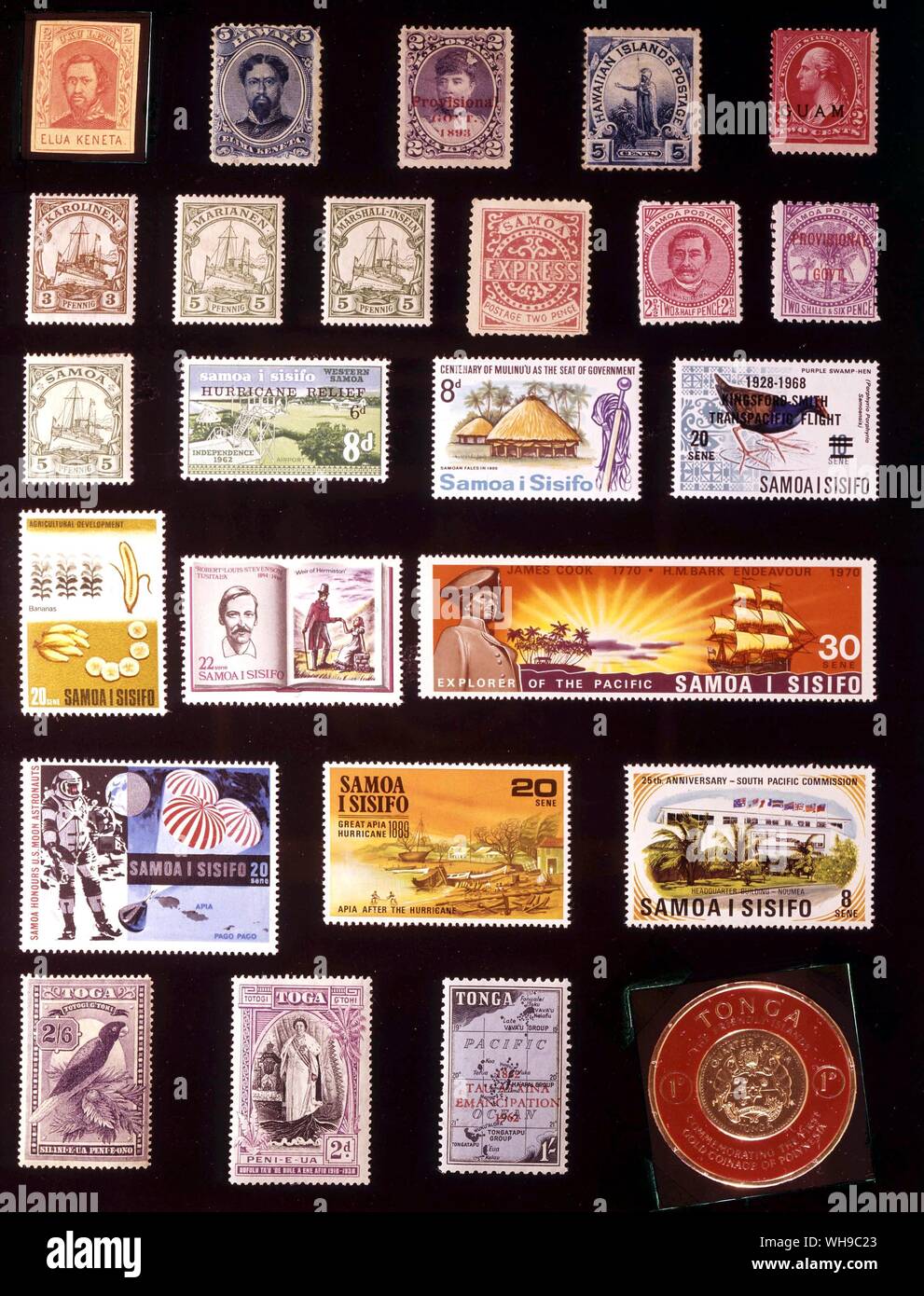 AUSTRALIA AND POLYNESIA - PACIFIC ISLANDS: (left to right) 1. Hawaii, 2 cents, 1862, 2. Hawaii, 5 cents, 1866, 3. Hawaii, 2 cents, 1893, 4. Hawaii, 5 cents, 1899, 5. Guam, 2 cents, 1899, 6. Caroline Islands, 3 pfennigs, 1901, 7. Mariana Islands, 5 pfennigs, 1901, 8. Marshall Islands, 5 pfennigs, 1901, 9. Samoa, 2 pence, 1877, 10. Samoa, 2.5 pence, 1897, 11. Samoa, 2 shillings 6 pence, 1899, 12. Samoa, 5 pfennigs, 1901, 13. Samoa, 8 pence, 1966, 14. Samoa, 8 pence, 1967, 15. Samoa, 20 sene, 1968, 16. Samoa, 20 sene, 1968, 17. Samoa, 22 sene, 1969, 18. Samoa, 30 sene, 1970, 19. Samoa, 20 sene, Stock Photo