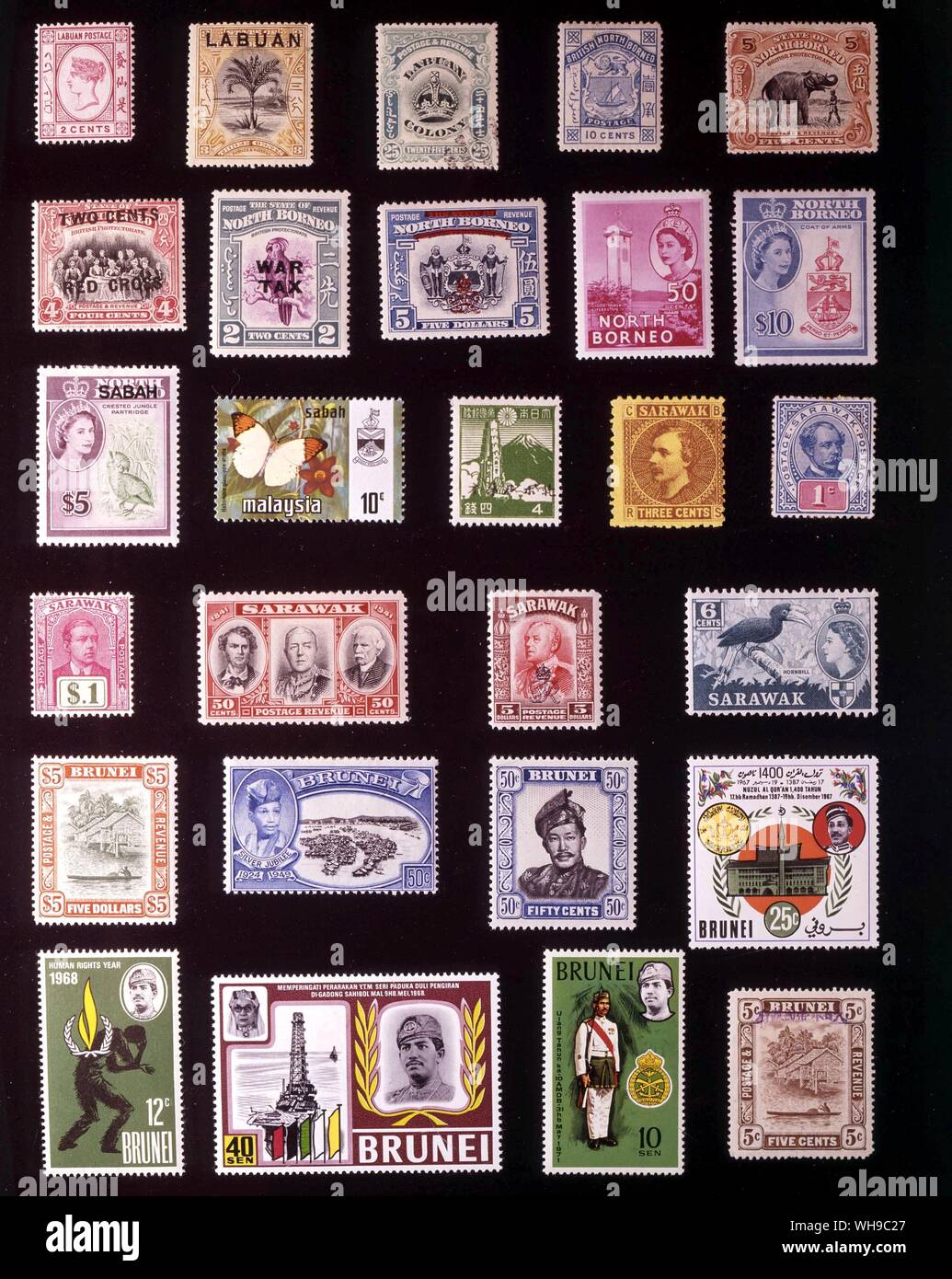 ASIA - BRITISH BORNEO: (left to right) 1. Labuan, 2 cents, 1885, 2. Labuan, 3 cents, 1897, 3. Labuan, 25 cents, 1902, 4. British North Borneo, 10 cents, 1886, 5. State of North Borneo, 5 cents, 1909, 6. North Borneo, 4 + 2 cents, 1918, 7. North Borneo, 2 cents, 1941, 8. North Borneo, 5 dollars, 1947, 9. North Borneo, 50 cents, 1954, 10. North Borneo, 10 dollars, 1961, 11. Sabah, 5 dollars, 1964, 12. Sabah, 10 cents, 1971, 13. Japanese occupation of North Borneo, 4 sen, 1945, 14. Sarawak, 3 cents, 1871, 15. Sarawak, 1 cent, 1901, 16. Sarawak, 1 dollar, 1918, 17. Sarawak, 50 cents, 1946, 18. Stock Photo