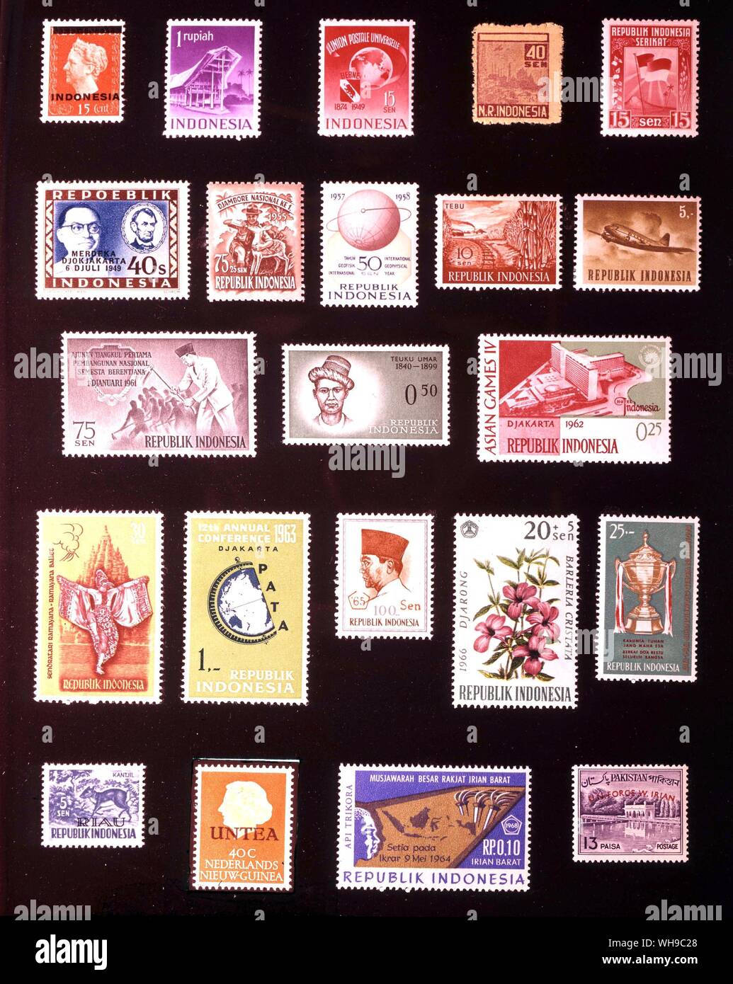 ASIA - INDONESIA: (left to right) 1. Indonesia, 15 cents, 1948, 2. Indonesia, 1 rupiah, 1949, 3. Indonesia, 15 sen, 1949, 4. Indonesian Republic, 40 sen, 1946, 5. United States of Indonesia, 15 sen, 1950, 6. Indonesian Republic, 40 sen, 1949, 7. Indonesia, 75 + 25 sen, 1955, 8. Indonesia, 50 sen, 1958, 9. Indonesia, 10 sen, 1960, 10. Indonesia, 5 rupiahs, 1964, 11. Indonesia, 75 sen, 1961, 12. Indonesia, 50 sen, 1961, 13. Indonesia, 25 sen, 1962, 14. Indonesia, 30 sen, 1962, 15. Indonesia, 1 rupiah, 1963, 16. Indonesia, 100 sen, 1965, 17. Indonesia, 20 + 5 sen, 1966, 18. Indonesia, 25 Stock Photo