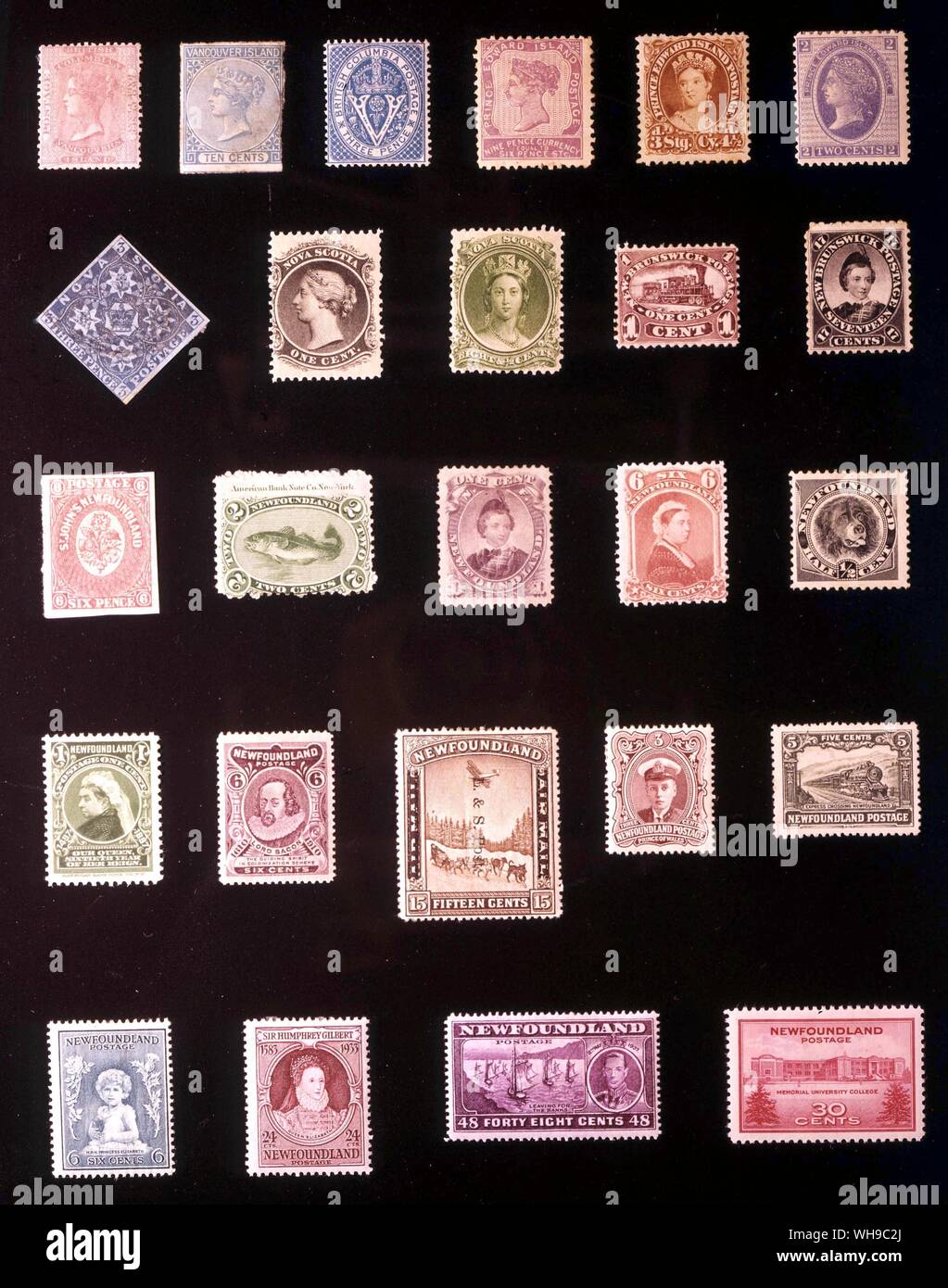 AMERICA - CANADIAN PROVINCES: (left to right) 1. British Columbia and Vancouver's Island, 2.5 pence, 1860, 2. Vancouver Island, 10 cents, 1865, 3. British Columbia, 3 pence, 1865, 4. Prince Edward Island, 9 pence, 1862, 5. Prince Edward Island, 3 pence, 1870, 6. Prince Edward Island, 2 cents, 1872, 7. Nova Scotia, 3 pence, 1851, 8. Nova Scotia, 1 cent, 1860, 9. Nova Scotia, 8.5 cents, 1860, 10. New Brunswick, 1 cent, 1860, 11. New Brunswick, 17 cents, 1860, 12. Newfoundland, 6 pence, 1857, 13. Newfoundland, 2 cents, 1866, 14. Newfoundland, 1 cent, 1871, 15. Newfoundland, 6 cents, 1870, 16. Stock Photo