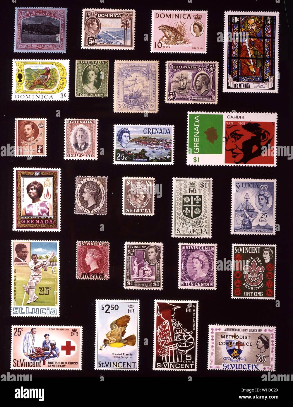 AMERICA - WINWARD ISLANDS: (left to right) 1. Dominica, 2 shillings 6 pence, 1921, 2. Dominica, 5 shillings, 1938, 3. Dominica, 10 cents, 1963, 4. Dominica, 60 cents, 1969, 5. Dominica, 3 cents, 1969, 6. Grenada, 1 penny, 1861, 7. Grenada, 2.5 pence, 1898, 8. Grenada, 5 shillings, 1934, 9. Grenada, farthing, 1937, 10. Grenada, half cent, 1951, 11. Grenada, 25 cents, 1966, 12. Grenada, 1 dollar, 1969, 13. Grenada, 35 cents, 1969, 14. St Lucia, 1 penny, 1864, 15. St Lucia, 1 pound, 1946, 16. St Lucia, 1 dollar, 1953, 17. St Lucia, 25 cents, 18. St Lucia, 35 cents, 1968, 19. St Vincent, 5 pence, Stock Photo