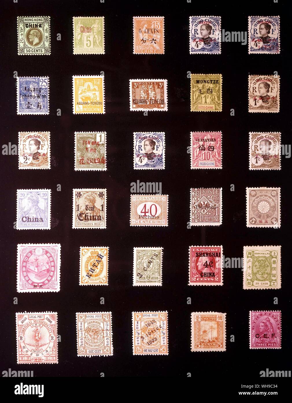 ASIA - FOREIGN POST OFFICES IN CHINA: (left to right) 1. British Post Offices in China, 50 cents, 1917, 2. French Post Offices in China, 5 centimes, 1894, 3. French Post offices in China, 6 cents, 1915, 4. Canton, 4 cents, 1908, 5. Hoi-Hao, 1.6 cents, 1919, 6. Kouang-Tcheou-Wan, 25 centimes, 1906, 7. Kouang-Tcheou, 0,2 cent, 1927, 8. Kouang-Tcheou, 3 cents, 1941, 9. Mongtze, 1 franc, 1903, 10. Mong-Tseu, 1 centime, 1908, 11. Pakhoi, 2 centimes, 1908, 12. Tchongking, 1 centime, 1906, 13. Tchongking, 4 centimes, 1908, 14. Yunnansen, 10 centimes, 1903, 15. Yunnan-Fou, 1 centime, 1908, 16. German Stock Photo