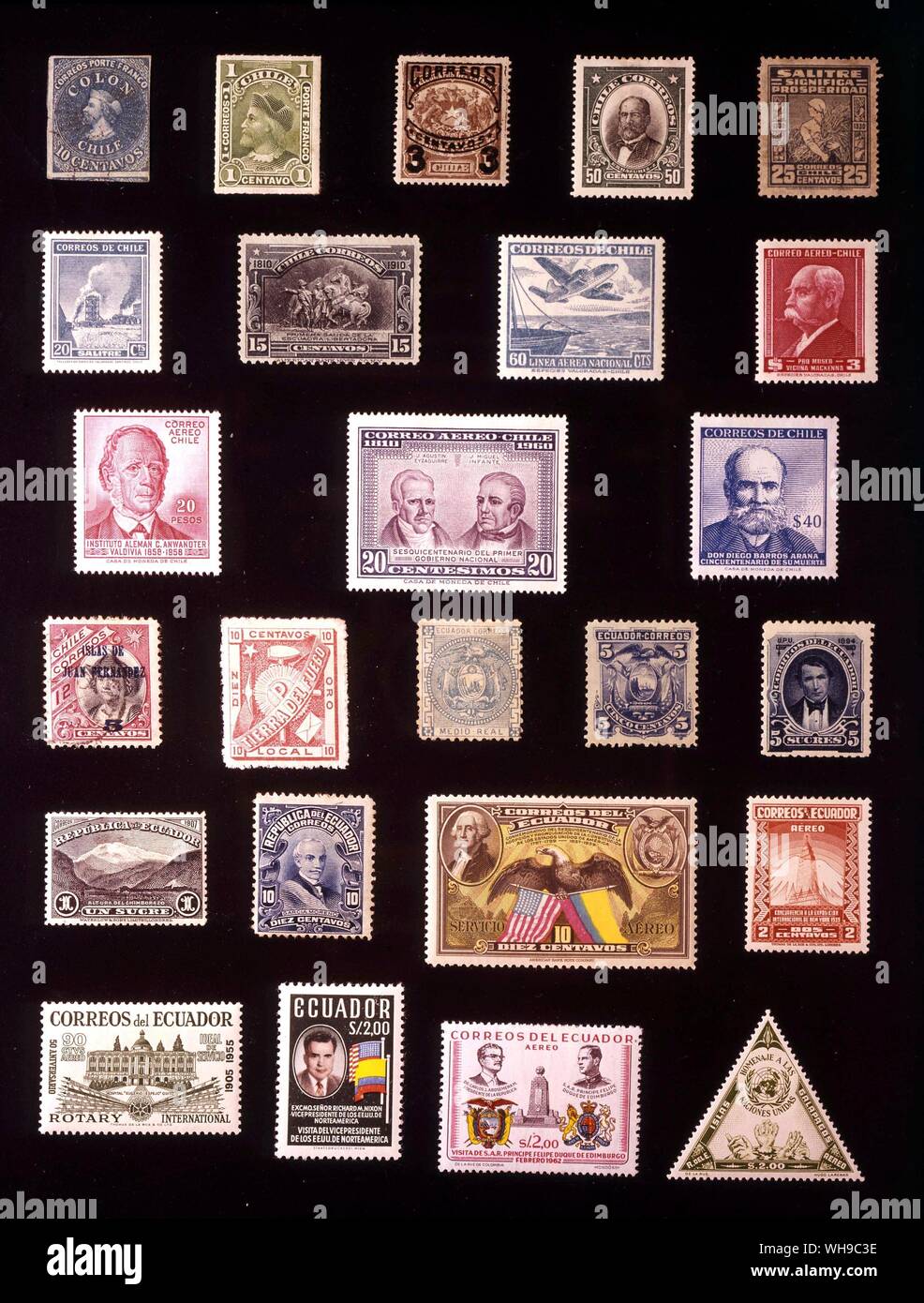 AMERICA - CHILE AND ECUADOR: (left to right) 1. Chile, 10 centavos, 1853, 2. Chile, 1 centavo, 1900, 3. Chile, 3 centavos, 1904, 4. Chile, 50 centavos, 1911, 5. Chile, 25 centavos, 1930, 6. Chile, 20 cewntavos, 1938, 7. Chile, 15 centavos, 1910, 8. Chile, 60 centavos, 1950, 9. Chile, 3 pesos, 1949, 10. Chile, 20 pesos, 1958, 11. Chile, 20 centesimos, 1964, 12. Chile, 40 pesos, 1959, 13. Juan Fernandez, 5 centavos, 1910, 14. Tierra del Fuego, 10 centavos, 1891, 15. Ecuador, 0.5 real, 1872, 16. Ecuador, 5 centavos, 1881, 17. Ecuador, 5 sucres, 1894, 18. Ecuador, 1 sucre, 1908, 19. Ecuador, 10 Stock Photo