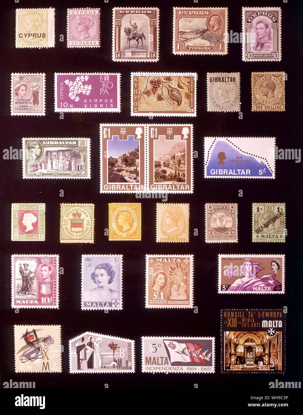 EUROPE - BRITISH EUROPE: (left to right) 1. Cyprus, 4 pence, 1880, 2. Cyprus, 30 paras, 1894, 3. Cyprus, 18 piastres, 1928, 4. Cyprus, 1 piastre, 1934, 5. Cyprus, 90 piastres, 1938, 6. Cyprus, 2 mills, 1960, 7. Cyprus, 10 mils, 1962, 8. Cyprus, 15 mils, 1970, 9. Gibraltar, halfpenny, 1886, 10. Gibraltar, 1 shilling, 1932, 11. Gibraltar, 1 shilling, 1938, 12. Gibraltar, 1 pound + 1 pound, 1971, 13. Gibraltar, 5 shillings, 1969, 14. Heligoland, 6 schillings, 1867, 15. Heligoland, 3 pfennigs, 1876, 16. Ionian Islands, orange (halfpenny), 1859, 17. Malta, halfpenny, 1860, 18. Malta, 4.5 pence, Stock Photo