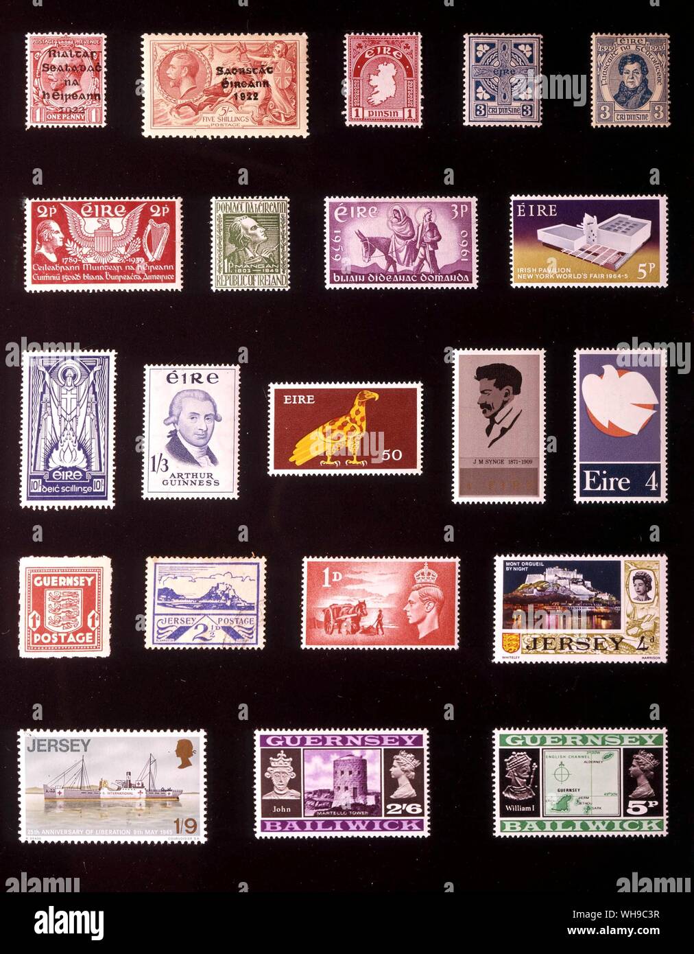 EUROPE - BRITISH ISLES INDEPENDENT POSTAL ADMINISTRATIONS: (left to right) 1. Provisional Government of Ireland, 1 penny, 1922, 2. Irish Free State, 5 shillings, 1935, 3. Eire (Ireland), 1 penny, 1923, 4. Eire, 3 pence, 1923, 5. 3 pence, 1929, 6. 2 pence, 1939, 7. 1 penny, 1949, 8. 3 pence, 1960, 9. 5 pence, 1964, 10. 10 shillings, 1937, 11. 1 shilling 3 pence, 1959, 12. 50 new pence, 1971, 13. 4 new pence, 1972, 15. Guernsey, 1 penny, 1941, 16. Jersey, 2.5 pence, 1943, 17. Channel Islands, 1 penny, 1948, 18. Jersey, 4 pence, 1969, 19. Jersey, 1 shilling 9 pence, 1970, 20. Guernsey, 2 Stock Photo