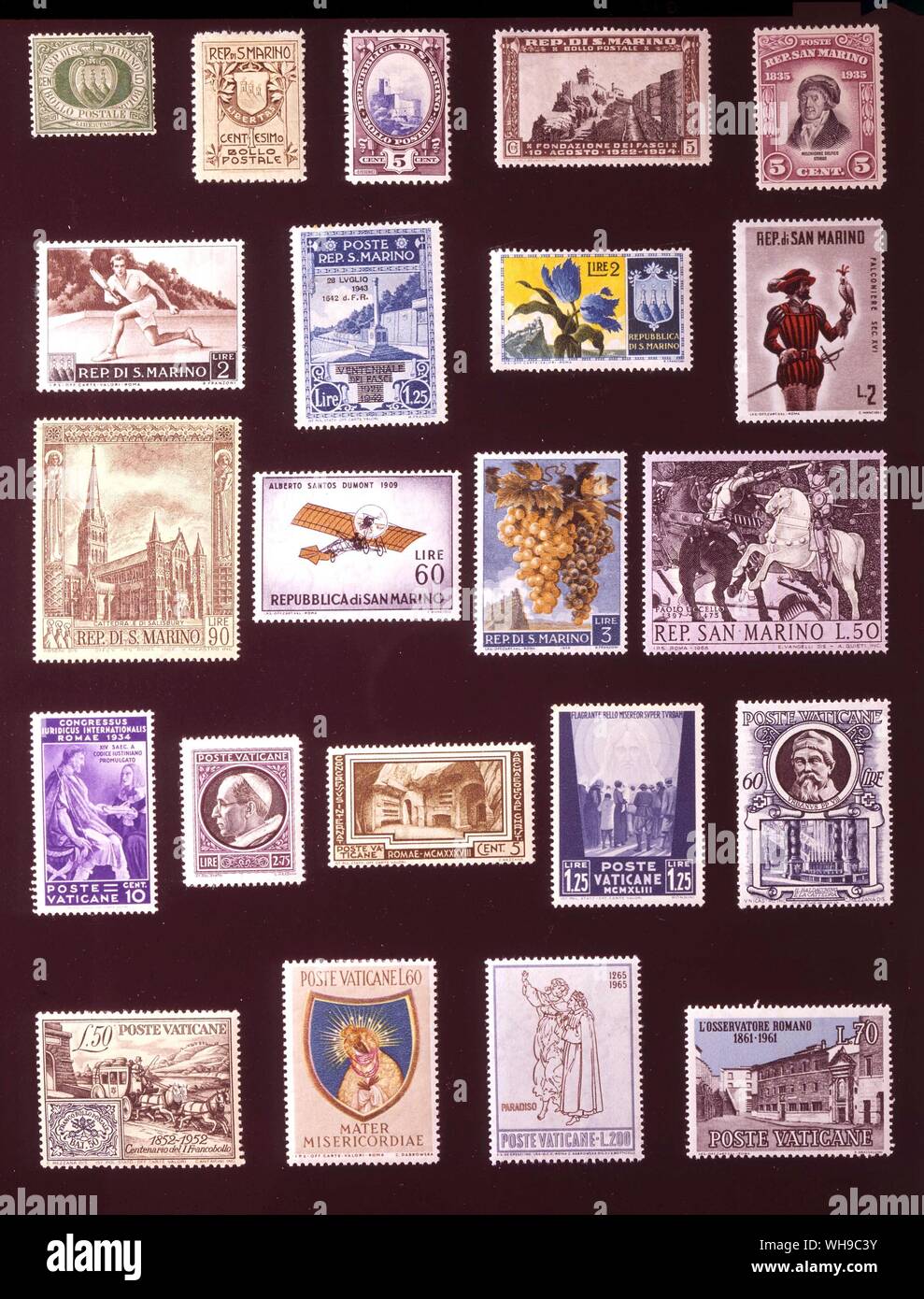 EUROPE - SAN MARINO AND VATICAN: (left to right) 1. San Marino, 5 centesimi, 1892, 2. San Marino, 1 centesimo, 1907, 3. San Marino, 5 centesimi, 1929, 4. San marino, 5 centesimi, 1934, 5. San Marino, 5 centesimi, 1935, 6. San Marino, 2 lire, 1953, 7. San Marino, 1.25 lire, 1953, 8. San Marino, 2 lire, 1953, 9. San Mrino, 2 lire, 1961, 10. San Marino, 90 lire, 1967, 11. San Marino, 60 lire, 1962, 12. San marino, 3 lire, 1958, 13. San Marino, 50 lire, 1968, 14. Vatican, 10 centesimi, 1934, 15. Vatican, 2.75 lire, 1940, 16. Vatican, 5 centesimi, 1938, 17. Vatican, 1.25 lire, 1943, 18. Vatican, Stock Photo