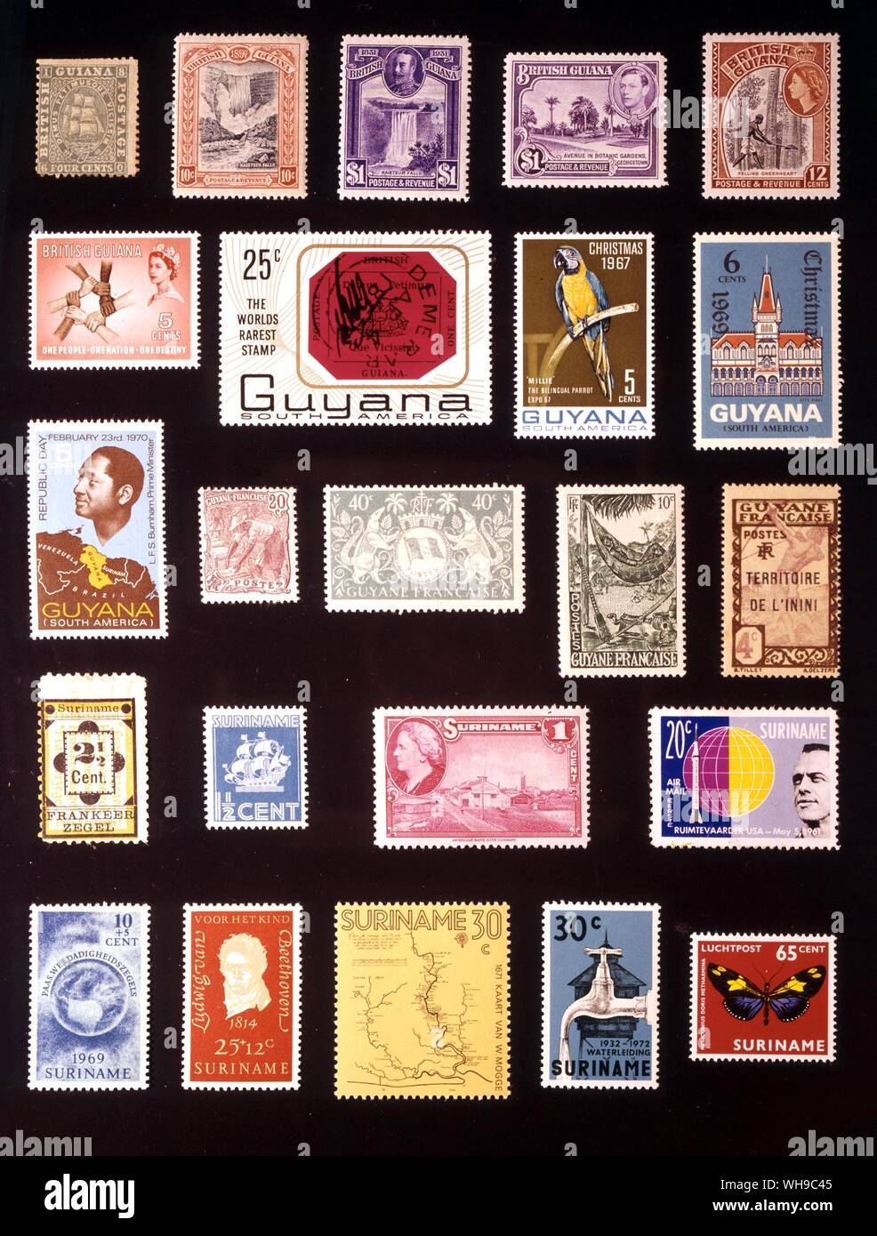 AMERICA - THE GUIANAS: (left to right) 1. British Guiana, 4 cents, 1860, 2. British Guiana, 10 cents, 1898, 3. British Guiana, 1 dollar, 1931, 4. British Guiana, 1 dollar, 1938, 5. British Guiana, 12 cents, 1954, 6. British Guiana, 5 cents, 1961, 7. Guyana, 25 cents, 1967, 8. Guyana, 5 cents, 1969, 9. Guyana, 6 cents, 1969, 10. Guyana, 5 cents, 1970, 11. French Guiana, 20 centimes, 1904, 12. French Guiana, 40 centimes, 1945, 13. French Guiana, 10 centimes, 1947, 14. Inini, 4 centimes, 1932, 15. Surinam, 2.5 cents, 1892, 16. Surinam, 1.5 cents, 1936, 17. Surinam, 1 cent, 1945, 18. Surinam, 20 Stock Photo