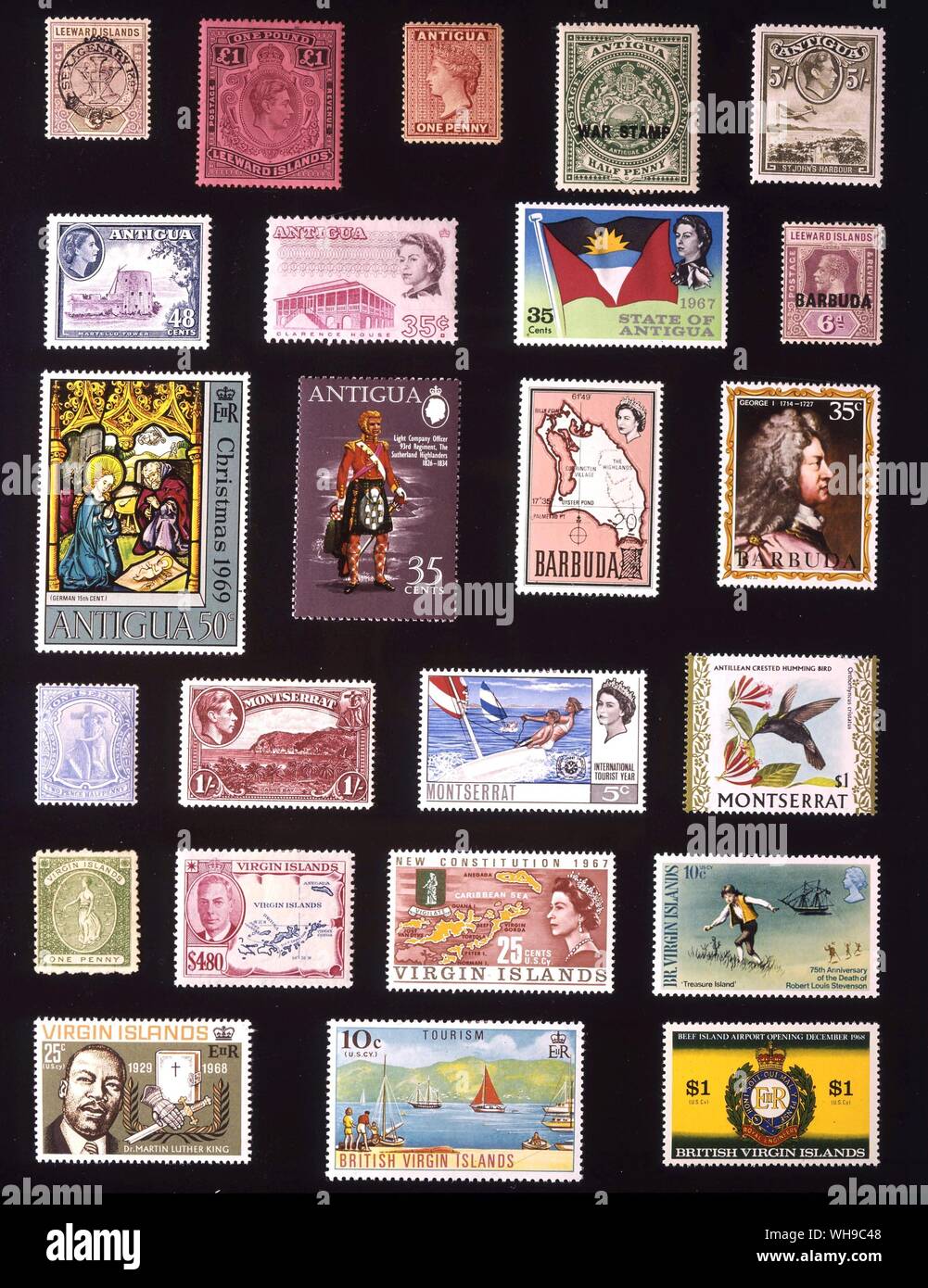 AMERICA - LEEWARD ISLANDS: (left to right) 1. Leeward Islands, 6 pence, 1897, 2. Leeward Islands, 1 pound, 1938, 3. Antigua, 1 penny, 1863, 4. Antigua, halfpenny, 1916, 5. Antigua, 5 shillings, 1938, 6. Antigua, 48 cents, 1953, 7. Antigua, 35 cents, 1966, 8. Antigua, 35 cents, 1967, 9. Barbuda, 6 pence, 1922, 10. Antigua, 50 cents, 1969, 11. Antigua, 35 cents, 1970, 12. Barbuda, 20 cents, 1970, 13. Barbuda, 35 cents, 1971, 14. Montserrat, 2.5 pence, 1908, 15. Montserrat, 1 shilling, 1938, 16. Montserrat, 5 cents, 1967, 17. Montserrat, 1 dollar, 1970, 18. Virgin Islands, 1 penny, 1866, 19. Stock Photo