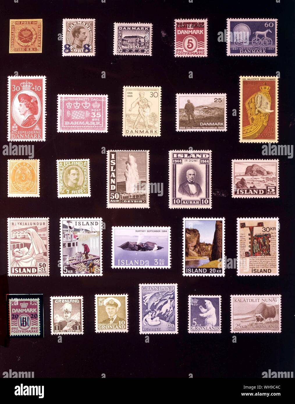 EUROPE - DENMARK/ICELAND/GREENLAND: (left to right) 1. Denmark, 4 rigsbankskilling, 1851, 2. Denmark, 8 ore, 1921, 3. Denmark, 20 ore, 1920, 4. Denmark, 5 ore, 1942, 5. Denmark, 60 ore, 1957, 6. Denmark, 30 + 10 ore, 1960, 7. Denmark, 35 ore, 1964, 8. Denmark, 30 ore, 1969, 9. Denmark, 25 ore, 1966, 10. Denmark, 30 ore, 1970, 11. Iceland, 3 aurar, 1882, 12. Iceland, 7 aurar, 19433, 13. Iceland, 50 aurar, 1938, 14. Iceland, 10 aurar, 1944. 15. Iceland, 5 aurar, 1950, 16. Iceland, 50 + 25 aurar, 1949, 17. Iceland, 5 kronur, 1963, 18. Iceland, 3.50 kronur, 1965, 19. Iceland, 20 kronur, 1970, 20. Stock Photo