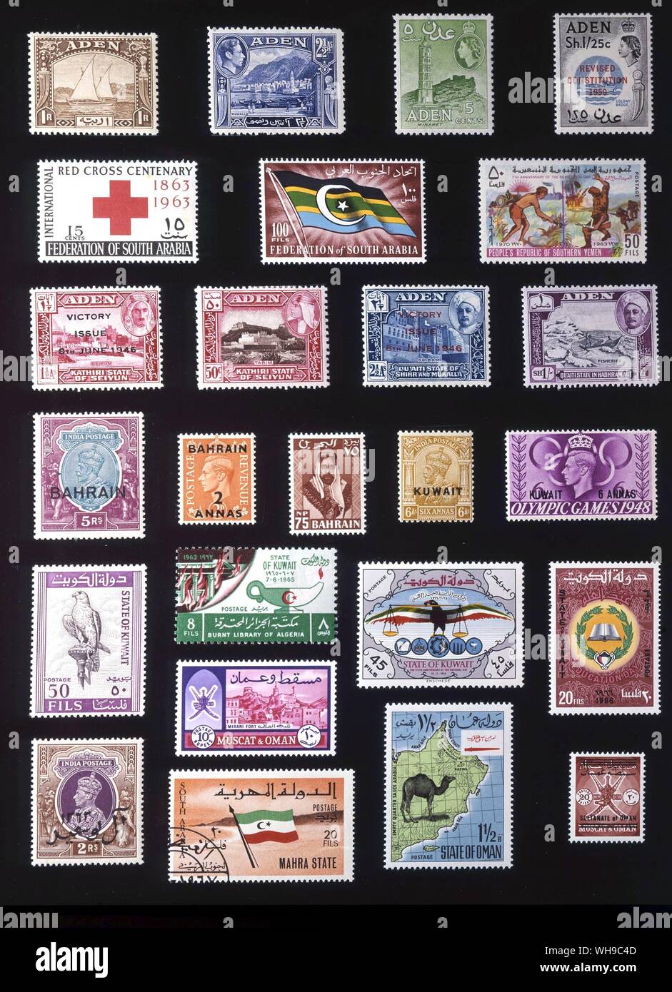 ASIA - SOUTHERN ARABIA: (left to right) 1. Aden, 1 rupee, 1937, 2. Aden, 2.5 annas, 1939, 3. Aden, 5 cents, 1953, 4. Aden, 1.25 shillings, 1959, 5. Federation of South Arabia, 15 cents, 1963, 6. Federtion of South Arabia, 100 fils, 1965, 7. Southern Yemen, 50 fils, 1970, 8. Kathiri State of Seiyun, 1.5 annas, 1946. 9. Kathiri State of Seiyun, 50 cents, 1954, 10. Qu'aiti State of Shihr and Mukalla, 2.5 annas, 1946, 11. Qu'aiti State in Hadhramaut, 1 shilling, 1955, 12. Bahrain, 5 rupees, 1933, 13. Bahrain, 2 annas, 1948, 14. Bahrain, 75 baye paise, 1960, 15. Kuwait, 6 annas, 1923, 16. Kuwait, Stock Photo
