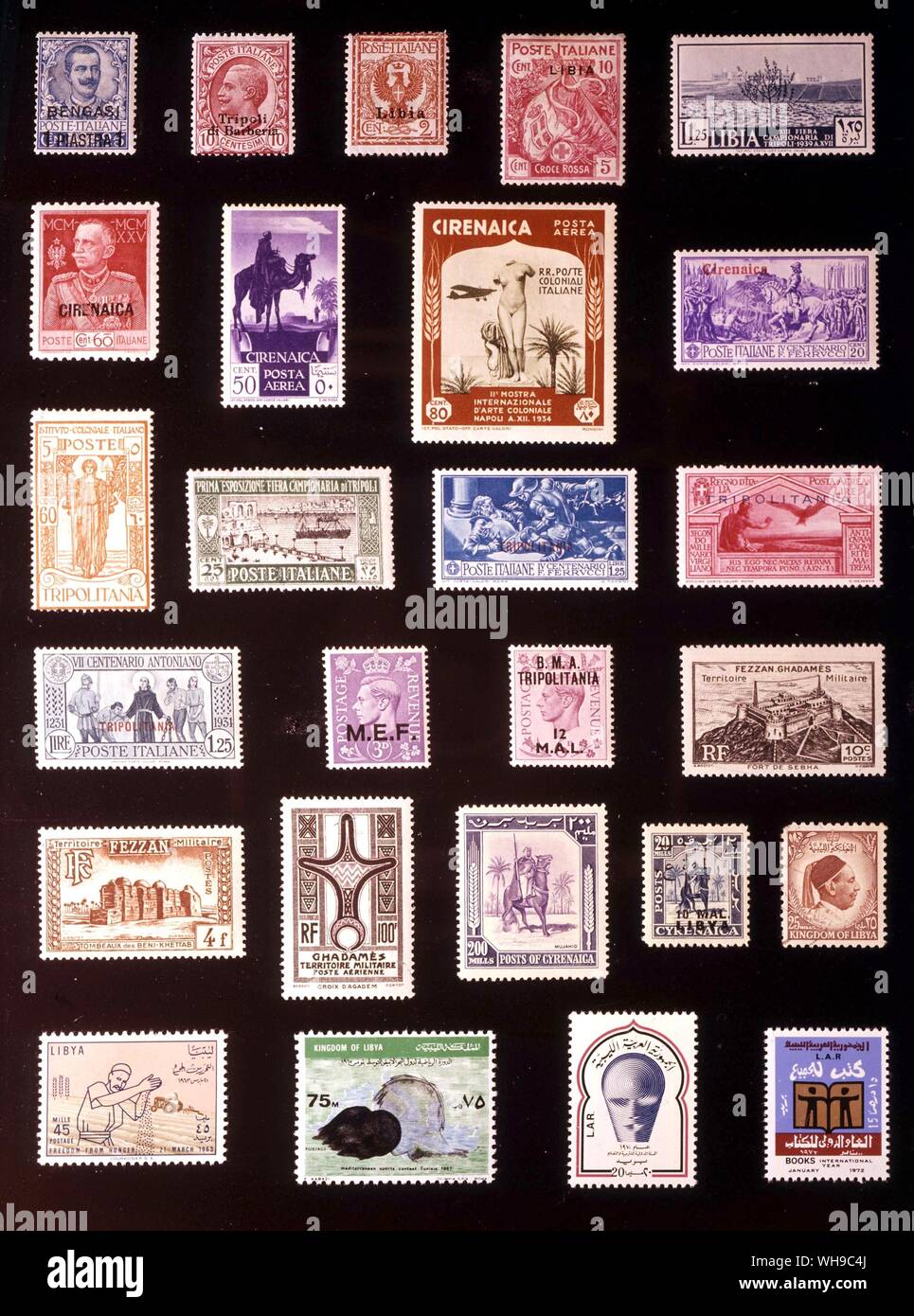 AFRICA - LIBYA: (left to right) 1. Bengasi, 1 piastre, 1911, 2. Tripoli, 10 centesimi, 1909, 3. Libya, 2 centesimi, 1912, 4. Libya, 10 + 5 centesimi, 1915, 5. Libya, 1.25 lire, 1939, 6. Cyrenaic, 60 centesimi, 1925, 7. Cyrenaica, 50 centesimi, 1932, 8. Cyrenaica, 80 centesimi, 1934, 9. Cyrenaica, 20 centesimi, 1930, 10. Tripolitania, 60 centesimi, 1926, 11. Tripolitania, 25 centesimi, 1927, 12. Tripolitania, 1.25 lire, 1930, 13. Tripolitania, 1 lira, 1930, 14. Tripolitania, 1.25 lire, 1931, 15. Middle East Forces, 3 pence, 1943, 16. Tripolitania, 12 M.A.L., 1948, 17. Fezzan and Ghadames, 10 Stock Photo